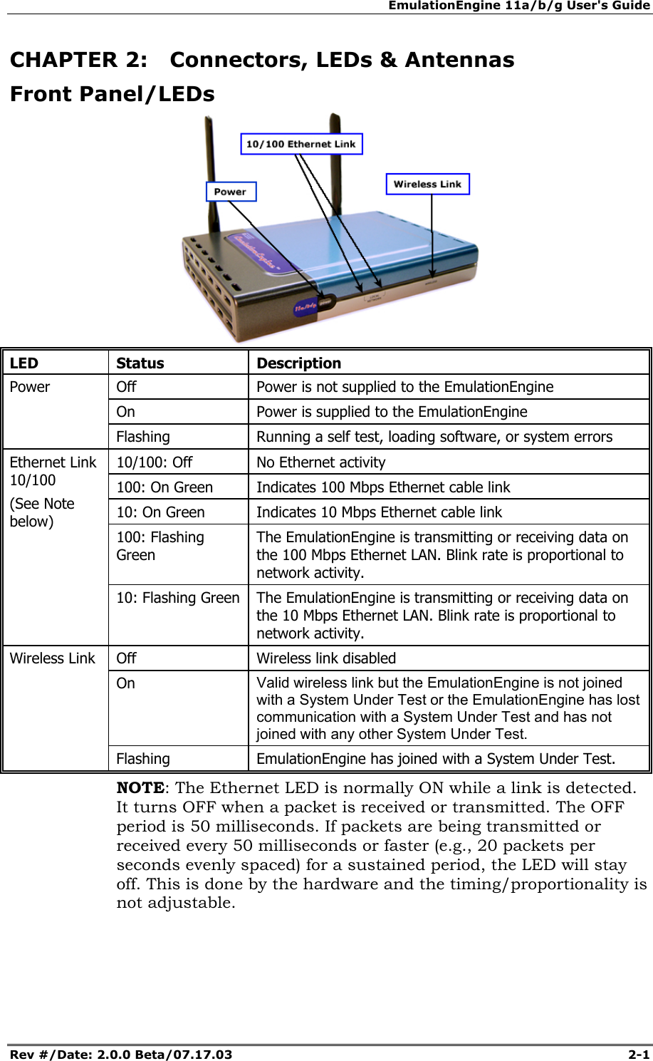 EmulationEngine 11a/b/g User's Guide Rev #/Date: 2.0.0 Beta/07.17.03 2-1 CHAPTER 2: Connectors, LEDs & Antennas Front Panel/LEDs LED Status Description Off Power is not supplied to the EmulationEngine On Power is supplied to the EmulationEngine Power Flashing Running a self test, loading software, or system errors 10/100: Off No Ethernet activity 100: On Green Indicates 100 Mbps Ethernet cable link 10: On Green Indicates 10 Mbps Ethernet cable link 100: Flashing Green The EmulationEngine is transmitting or receiving data on the 100 Mbps Ethernet LAN. Blink rate is proportional to network activity. Ethernet Link 10/100 (See Note below) 10: Flashing Green The EmulationEngine is transmitting or receiving data on the 10 Mbps Ethernet LAN. Blink rate is proportional to network activity. Off Wireless link disabled On Valid wireless link but the EmulationEngine is not joined with a System Under Test or the EmulationEngine has lost communication with a System Under Test and has not joined with any other System Under Test. Wireless Link Flashing EmulationEngine has joined with a System Under Test. NOTE: The Ethernet LED is normally ON while a link is detected. It turns OFF when a packet is received or transmitted. The OFF period is 50 milliseconds. If packets are being transmitted or received every 50 milliseconds or faster (e.g., 20 packets per seconds evenly spaced) for a sustained period, the LED will stay off. This is done by the hardware and the timing/proportionality is not adjustable.
