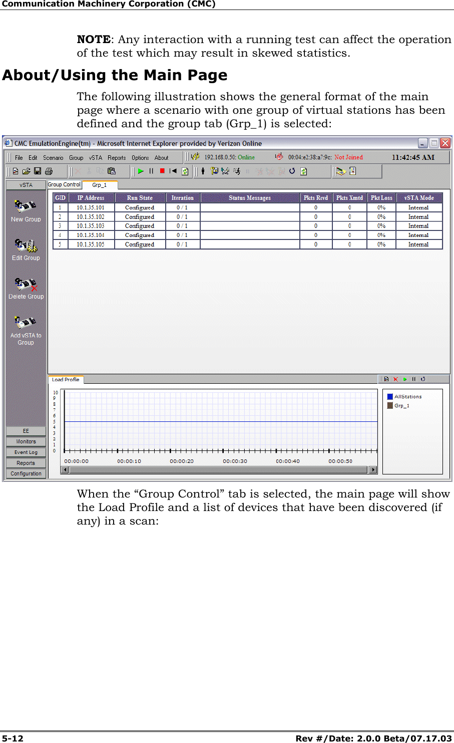 Communication Machinery Corporation (CMC) 5-12 Rev #/Date: 2.0.0 Beta/07.17.03 NOTE: Any interaction with a running test can affect the operation of the test which may result in skewed statistics. About/Using the Main Page The following illustration shows the general format of the main page where a scenario with one group of virtual stations has been defined and the group tab (Grp_1) is selected: When the “Group Control” tab is selected, the main page will show the Load Profile and a list of devices that have been discovered (if any) in a scan: