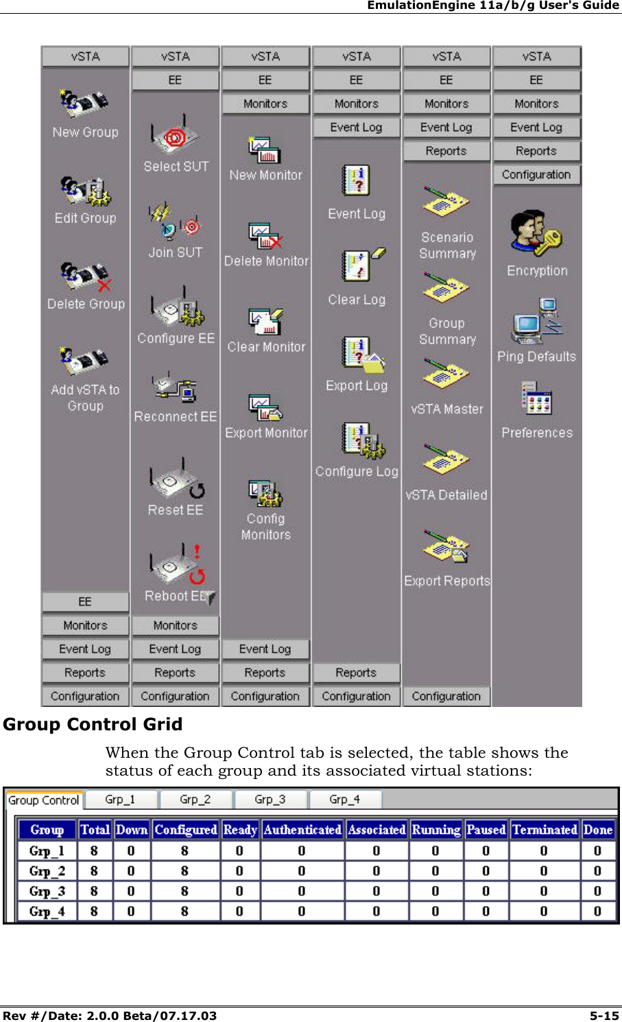 EmulationEngine 11a/b/g User's Guide Rev #/Date: 2.0.0 Beta/07.17.03 5-15 Group Control Grid When the Group Control tab is selected, the table shows the status of each group and its associated virtual stations: