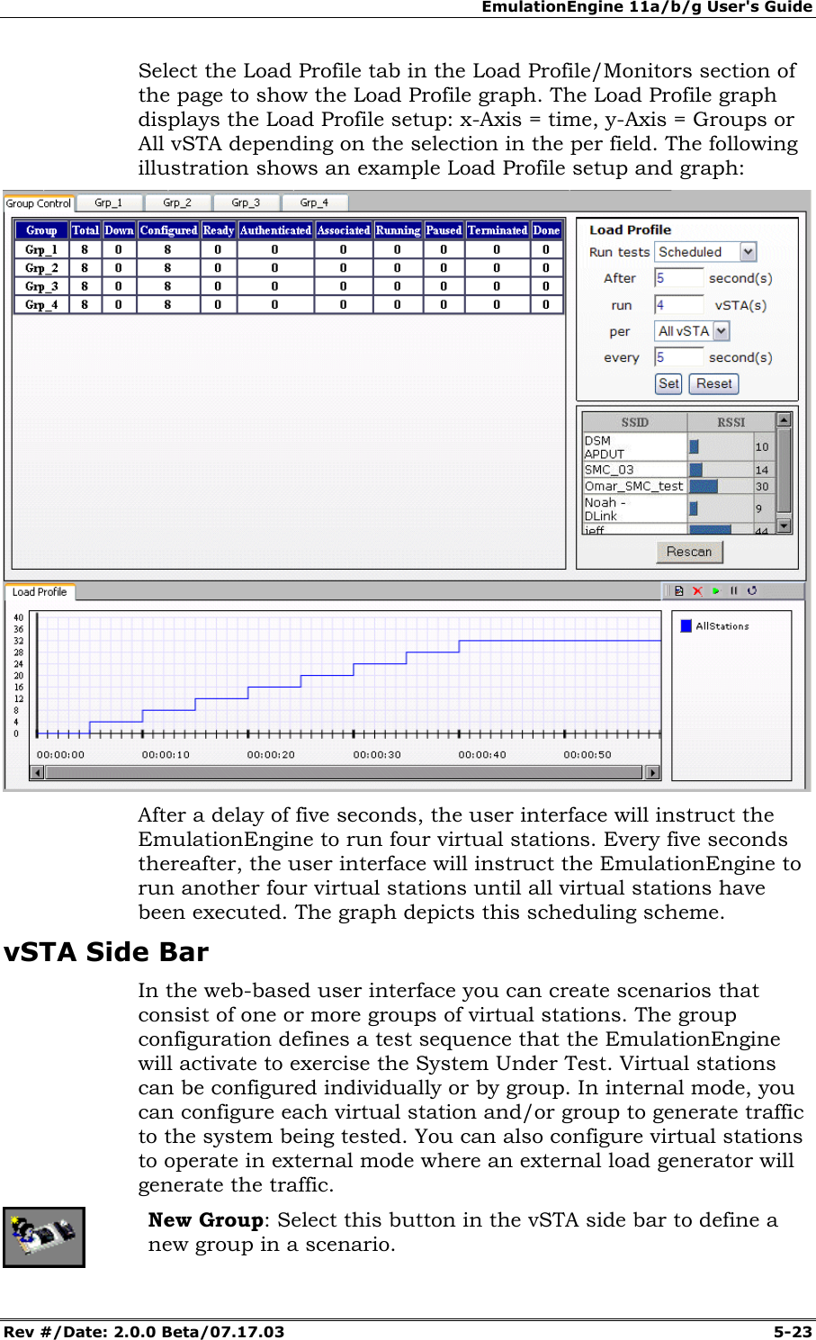 EmulationEngine 11a/b/g User's Guide Rev #/Date: 2.0.0 Beta/07.17.03 5-23 Select the Load Profile tab in the Load Profile/Monitors section of the page to show the Load Profile graph. The Load Profile graph displays the Load Profile setup: x-Axis = time, y-Axis = Groups or All vSTA depending on the selection in the per field. The following illustration shows an example Load Profile setup and graph: After a delay of five seconds, the user interface will instruct the EmulationEngine to run four virtual stations. Every five seconds thereafter, the user interface will instruct the EmulationEngine to run another four virtual stations until all virtual stations have been executed. The graph depicts this scheduling scheme. vSTA Side Bar In the web-based user interface you can create scenarios that consist of one or more groups of virtual stations. The group configuration defines a test sequence that the EmulationEngine will activate to exercise the System Under Test. Virtual stations can be configured individually or by group. In internal mode, you can configure each virtual station and/or group to generate traffic to the system being tested. You can also configure virtual stations to operate in external mode where an external load generator will generate the traffic. New Group: Select this button in the vSTA side bar to define a new group in a scenario.
