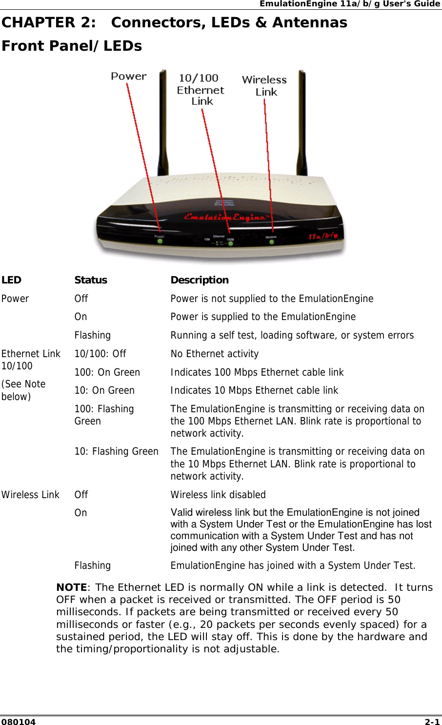 EmulationEngine 11a/b/g User's Guide 080104  2-1        CHAPTER 2:  Connectors, LEDs &amp; Antennas Front Panel/LEDs  LED Status  Description Off  Power is not supplied to the EmulationEngine On  Power is supplied to the EmulationEngine Power  Flashing  Running a self test, loading software, or system errors  10/100: Off  No Ethernet activity 100: On Green  Indicates 100 Mbps Ethernet cable link 10: On Green  Indicates 10 Mbps Ethernet cable link 100: Flashing Green   The EmulationEngine is transmitting or receiving data on the 100 Mbps Ethernet LAN. Blink rate is proportional to network activity. Ethernet Link 10/100 (See Note below) 10: Flashing Green   The EmulationEngine is transmitting or receiving data on the 10 Mbps Ethernet LAN. Blink rate is proportional to network activity. Off  Wireless link disabled On  Valid wireless link but the EmulationEngine is not joined with a System Under Test or the EmulationEngine has lost communication with a System Under Test and has not joined with any other System Under Test. Wireless Link Flashing  EmulationEngine has joined with a System Under Test. NOTE: The Ethernet LED is normally ON while a link is detected.  It turns OFF when a packet is received or transmitted. The OFF period is 50 milliseconds. If packets are being transmitted or received every 50 milliseconds or faster (e.g., 20 packets per seconds evenly spaced) for a sustained period, the LED will stay off. This is done by the hardware and the timing/proportionality is not adjustable. 