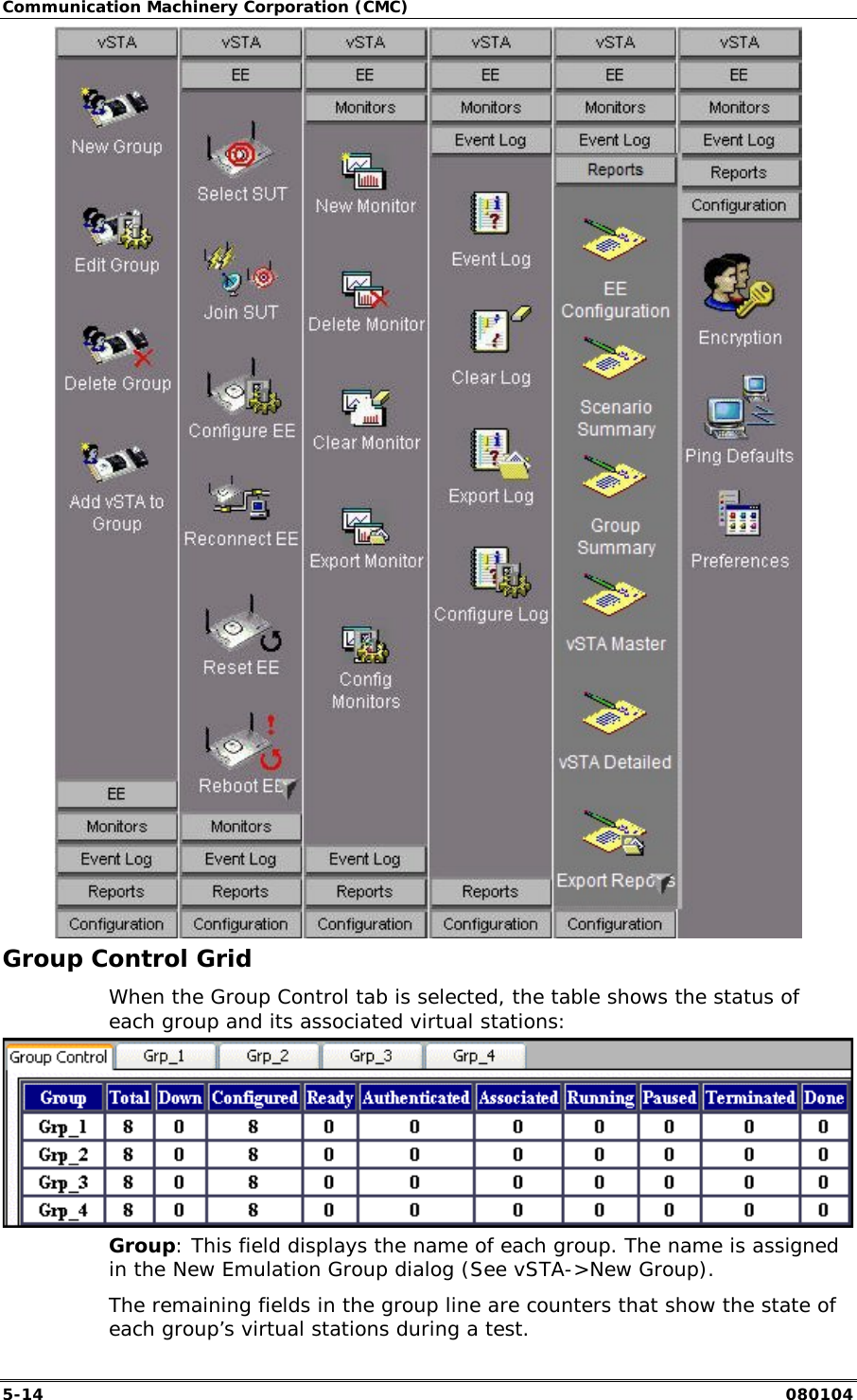 Communication Machinery Corporation (CMC) 5-14   080104  Group Control Grid When the Group Control tab is selected, the table shows the status of each group and its associated virtual stations:  Group: This field displays the name of each group. The name is assigned in the New Emulation Group dialog (See vSTA->New Group). The remaining fields in the group line are counters that show the state of each group&rsquo;s virtual stations during a test. 