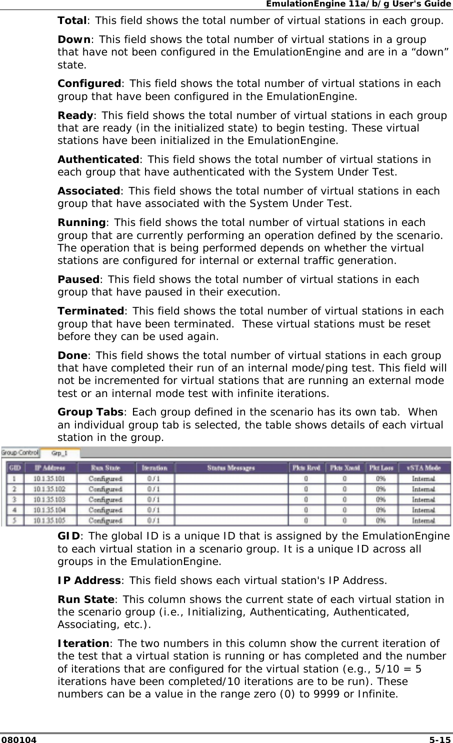EmulationEngine 11a/b/g User's Guide 080104  5-15 Total: This field shows the total number of virtual stations in each group. Down: This field shows the total number of virtual stations in a group that have not been configured in the EmulationEngine and are in a &ldquo;down&rdquo; state. Configured: This field shows the total number of virtual stations in each group that have been configured in the EmulationEngine. Ready: This field shows the total number of virtual stations in each group that are ready (in the initialized state) to begin testing. These virtual stations have been initialized in the EmulationEngine. Authenticated: This field shows the total number of virtual stations in each group that have authenticated with the System Under Test. Associated: This field shows the total number of virtual stations in each group that have associated with the System Under Test. Running: This field shows the total number of virtual stations in each group that are currently performing an operation defined by the scenario. The operation that is being performed depends on whether the virtual stations are configured for internal or external traffic generation. Paused: This field shows the total number of virtual stations in each group that have paused in their execution. Terminated: This field shows the total number of virtual stations in each group that have been terminated.  These virtual stations must be reset before they can be used again. Done: This field shows the total number of virtual stations in each group that have completed their run of an internal mode/ping test. This field will not be incremented for virtual stations that are running an external mode test or an internal mode test with infinite iterations. Group Tabs: Each group defined in the scenario has its own tab.  When an individual group tab is selected, the table shows details of each virtual station in the group.   GID: The global ID is a unique ID that is assigned by the EmulationEngine to each virtual station in a scenario group. It is a unique ID across all groups in the EmulationEngine. IP Address: This field shows each virtual station's IP Address. Run State: This column shows the current state of each virtual station in the scenario group (i.e., Initializing, Authenticating, Authenticated, Associating, etc.). Iteration: The two numbers in this column show the current iteration of the test that a virtual station is running or has completed and the number of iterations that are configured for the virtual station (e.g., 5/10 = 5 iterations have been completed/10 iterations are to be run). These numbers can be a value in the range zero (0) to 9999 or Infinite. 