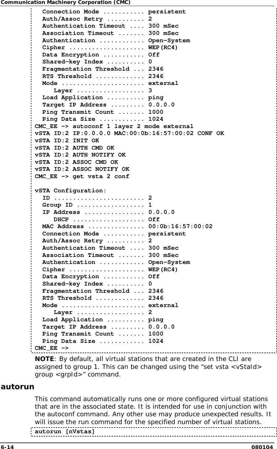 Communication Machinery Corporation (CMC) 6-14   080104   Connection Mode ........... persistent   Auth/Assoc Retry .......... 2   Authentication Timeout .... 300 mSec   Association Timeout ....... 300 mSec   Authentication ............ Open-System   Cipher .................... WEP(RC4)   Data Encryption ........... Off   Shared-key Index .......... 0   Fragmentation Threshold ... 2346   RTS Threshold ............. 2346   Mode ...................... external      Layer .................. 3   Load Application .......... ping   Target IP Address ......... 0.0.0.0   Ping Transmit Count ....... 1000   Ping Data Size ............ 1024 CMC_EE -> autoconf 1 layer 2 mode external vSTA ID:2 IP:0.0.0.0 MAC:00:0b:16:57:00:02 CONF OK vSTA ID:2 INIT OK vSTA ID:2 AUTH CMD OK vSTA ID:2 AUTH NOTIFY OK vSTA ID:2 ASSOC CMD OK vSTA ID:2 ASSOC NOTIFY OK CMC_EE -> get vsta 2 conf   vSTA Configuration:   ID ........................ 2   Group ID .................. 1   IP Address ................ 0.0.0.0      DHCP ................... Off   MAC Address ............... 00:0b:16:57:00:02   Connection Mode ........... persistent   Auth/Assoc Retry .......... 2   Authentication Timeout .... 300 mSec   Association Timeout ....... 300 mSec   Authentication ............ Open-System   Cipher .................... WEP(RC4)   Data Encryption ........... Off   Shared-key Index .......... 0   Fragmentation Threshold ... 2346   RTS Threshold ............. 2346   Mode ...................... external      Layer .................. 2   Load Application .......... ping   Target IP Address ......... 0.0.0.0   Ping Transmit Count ....... 1000   Ping Data Size ............ 1024 CMC_EE -> NOTE: By default, all virtual stations that are created in the CLI are assigned to group 1. This can be changed using the &ldquo;set vsta <vStaId> group <grpId>&rdquo; command. autorun This command automatically runs one or more configured virtual stations that are in the associated state. It is intended for use in conjunction with the autoconf command. Any other use may produce unexpected results. It will issue the run command for the specified number of virtual stations.  autorun [nVstas] 