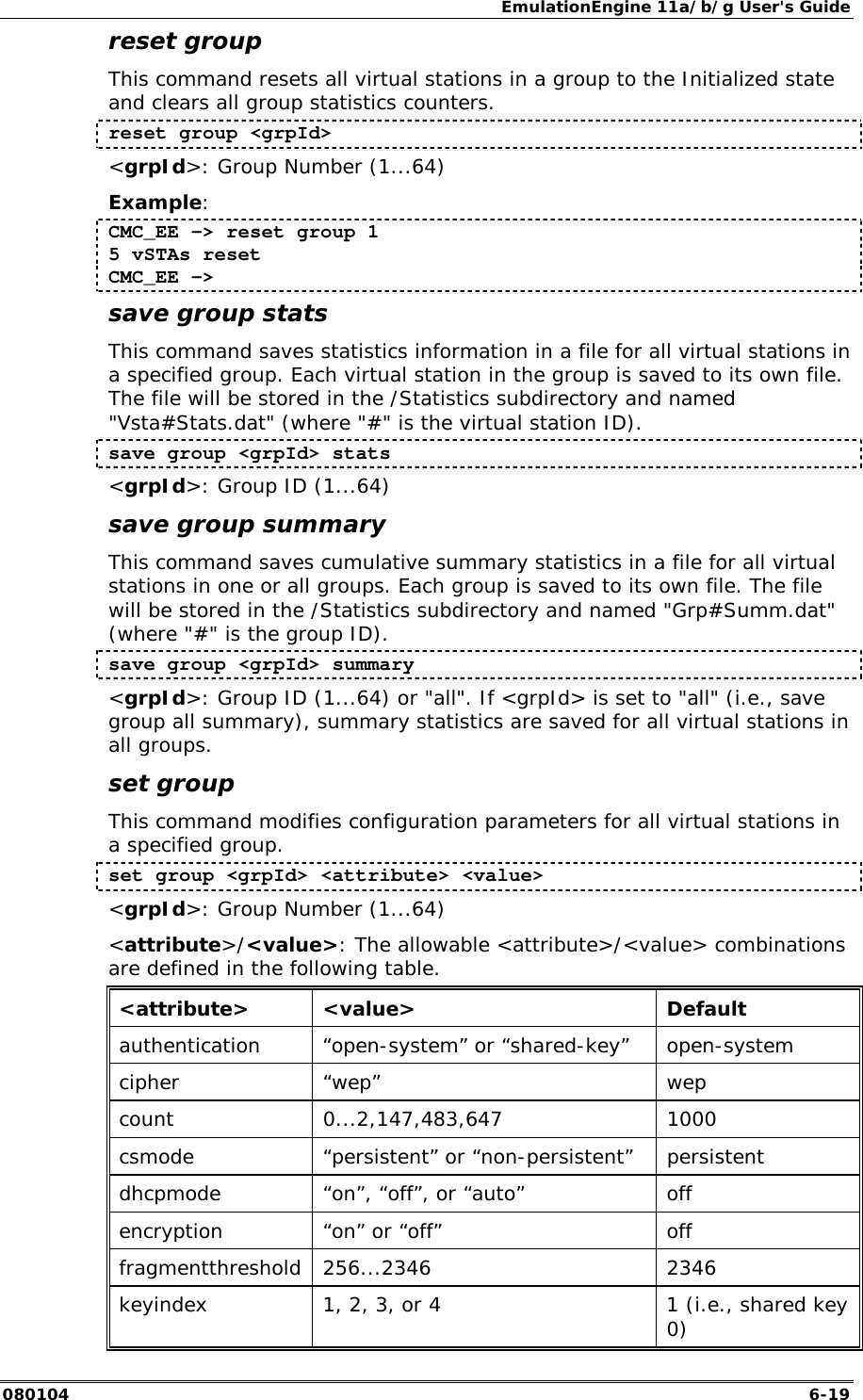 EmulationEngine 11a/b/g User's Guide 080104  6-19 reset group This command resets all virtual stations in a group to the Initialized state and clears all group statistics counters.  reset group <grpId> <grpId>: Group Number (1...64) Example: CMC_EE -> reset group 1 5 vSTAs reset CMC_EE ->  save group stats This command saves statistics information in a file for all virtual stations in a specified group. Each virtual station in the group is saved to its own file. The file will be stored in the /Statistics subdirectory and named "Vsta#Stats.dat" (where "#" is the virtual station ID). save group <grpId> stats <grpId>: Group ID (1...64)  save group summary This command saves cumulative summary statistics in a file for all virtual stations in one or all groups. Each group is saved to its own file. The file will be stored in the /Statistics subdirectory and named "Grp#Summ.dat" (where "#" is the group ID).  save group <grpId> summary <grpId>: Group ID (1...64) or "all". If <grpId> is set to "all" (i.e., save group all summary), summary statistics are saved for all virtual stations in all groups. set group This command modifies configuration parameters for all virtual stations in a specified group.  set group <grpId> <attribute> <value> <grpId>: Group Number (1...64) <attribute>/<value>: The allowable <attribute>/<value> combinations are defined in the following table. <attribute> <value>  Default authentication  &ldquo;open-system&rdquo; or &ldquo;shared-key&rdquo;  open-system cipher &ldquo;wep&rdquo;  wep count 0...2,147,483,647  1000 csmode  &ldquo;persistent&rdquo; or &ldquo;non-persistent&rdquo;  persistent dhcpmode  &ldquo;on&rdquo;, &ldquo;off&rdquo;, or &ldquo;auto&rdquo;  off encryption  &ldquo;on&rdquo; or &ldquo;off&rdquo;  off fragmentthreshold 256...2346  2346 keyindex  1, 2, 3, or 4  1 (i.e., shared key 0) 