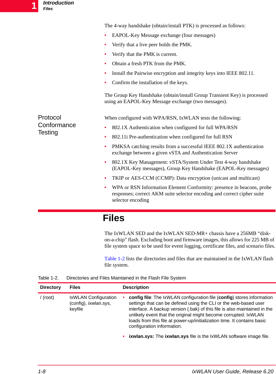 IntroductionFiles1-8 IxWLAN User Guide, Release 6.201The 4-way handshake (obtain/install PTK) is processed as follows: &bull;EAPOL-Key Message exchange (four messages)&bull;Verify that a live peer holds the PMK.&bull;Verify that the PMK is current.&bull;Obtain a fresh PTK from the PMK.&bull;Install the Pairwise encryption and integrity keys into IEEE 802.11.&bull;Confirm the installation of the keys.The Group Key Handshake (obtain/install Group Transient Key) is processed using an EAPOL-Key Message exchange (two messages).Protocol Conformance TestingWhen configured with WPA/RSN, IxWLAN tests the following:&bull;802.1X Authentication when configured for full WPA/RSN&bull;802.11i Pre-authentication when configured for full RSN&bull;PMKSA catching results from a successful IEEE 802.1X authentication exchange between a given vSTA and Authentication Server&bull;802.1X Key Management: vSTA/System Under Test 4-way handshake (EAPOL-Key messages), Group Key Handshake (EAPOL-Key messages)&bull;TKIP or AES-CCM (CCMP): Data encryption (unicast and multicast)&bull;WPA or RSN Information Element Conformity: presence in beacons, probe responses; correct AKM suite selector encoding and correct cipher suite selector encodingFilesThe IxWLAN SED and the IxWLAN SED-MR+ chassis have a 256MB &ldquo;disk-on-a-chip&rdquo; flash. Excluding boot and firmware images, this allows for 225 MB of file system space to be used for event logging, certificate files, and scenario files.Table 1-2 lists the directories and files that are maintained in the IxWLAN flash file system.Table 1-2. Directories and Files Maintained in the Flash File SystemDirectory Files Description/ (root) IxWLAN Configuration (config), ixwlan.sys, keyfile&bull;config file: The IxWLAN configuration file (config) stores information settings that can be defined using the CLI or the web-based user interface. A backup version (.bak) of this file is also maintained in the unlikely event that the original might become corrupted. IxWLAN loads from this file at power-up/initialization time. It contains basic configuration information.&bull;ixwlan.sys: The ixwlan.sys file is the IxWLAN software image file.
