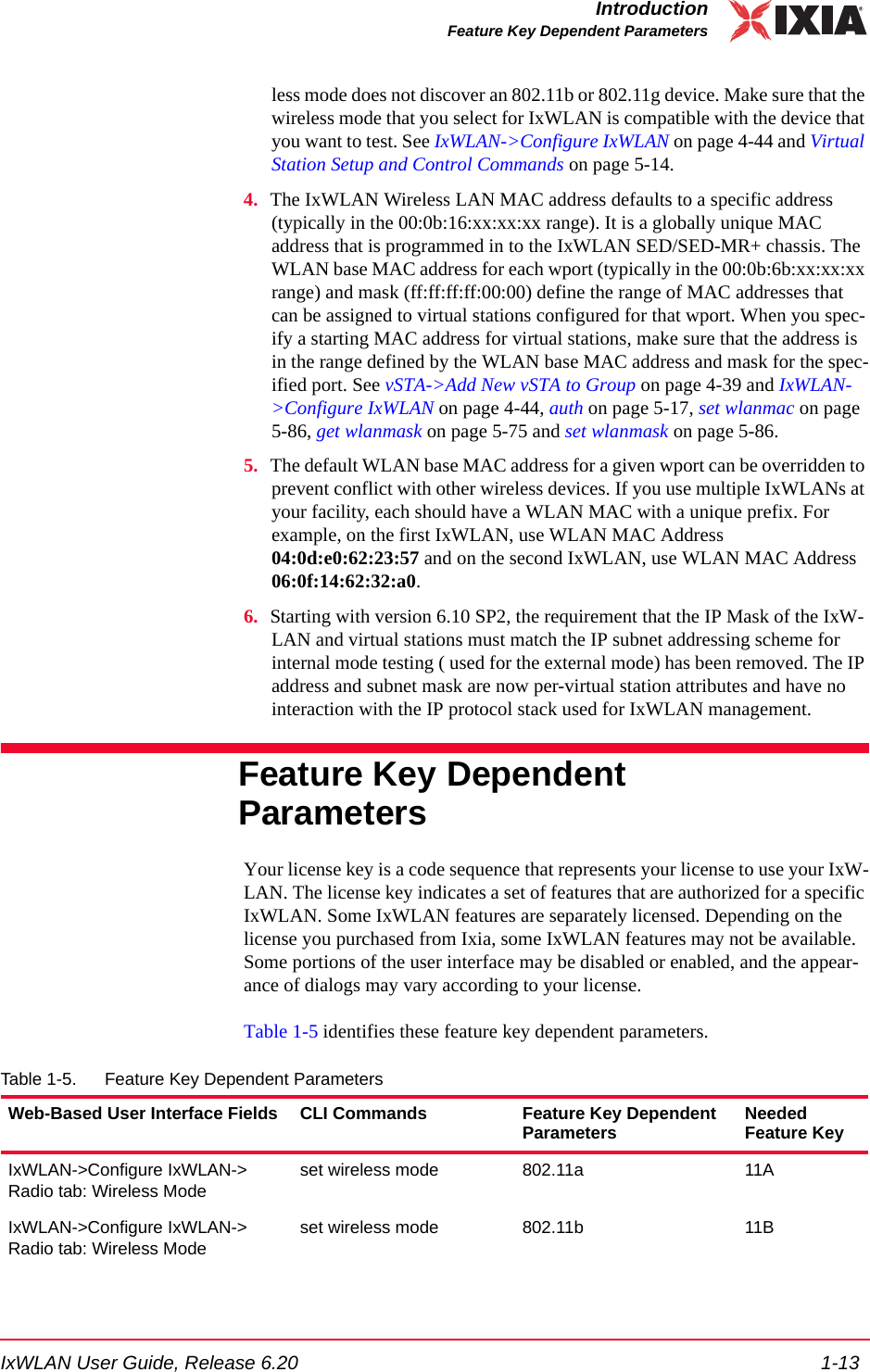 IxWLAN User Guide, Release 6.20 1-13IntroductionFeature Key Dependent Parametersless mode does not discover an 802.11b or 802.11g device. Make sure that the wireless mode that you select for IxWLAN is compatible with the device that you want to test. See IxWLAN->Configure IxWLAN on page 4-44 and Virtual Station Setup and Control Commands on page 5-14. 4. The IxWLAN Wireless LAN MAC address defaults to a specific address (typically in the 00:0b:16:xx:xx:xx range). It is a globally unique MAC address that is programmed in to the IxWLAN SED/SED-MR+ chassis. The WLAN base MAC address for each wport (typically in the 00:0b:6b:xx:xx:xx range) and mask (ff:ff:ff:ff:00:00) define the range of MAC addresses that can be assigned to virtual stations configured for that wport. When you spec-ify a starting MAC address for virtual stations, make sure that the address is in the range defined by the WLAN base MAC address and mask for the spec-ified port. See vSTA->Add New vSTA to Group on page 4-39 and IxWLAN->Configure IxWLAN on page 4-44, auth on page 5-17, set wlanmac on page 5-86, get wlanmask on page 5-75 and set wlanmask on page 5-86.5. The default WLAN base MAC address for a given wport can be overridden to prevent conflict with other wireless devices. If you use multiple IxWLANs at your facility, each should have a WLAN MAC with a unique prefix. For example, on the first IxWLAN, use WLAN MAC Address 04:0d:e0:62:23:57 and on the second IxWLAN, use WLAN MAC Address 06:0f:14:62:32:a0.6. Starting with version 6.10 SP2, the requirement that the IP Mask of the IxW-LAN and virtual stations must match the IP subnet addressing scheme for internal mode testing ( used for the external mode) has been removed. The IP address and subnet mask are now per-virtual station attributes and have no interaction with the IP protocol stack used for IxWLAN management.Feature Key Dependent ParametersYour license key is a code sequence that represents your license to use your IxW-LAN. The license key indicates a set of features that are authorized for a specific IxWLAN. Some IxWLAN features are separately licensed. Depending on the license you purchased from Ixia, some IxWLAN features may not be available. Some portions of the user interface may be disabled or enabled, and the appear-ance of dialogs may vary according to your license. Table 1-5 identifies these feature key dependent parameters.Table 1-5. Feature Key Dependent ParametersWeb-Based User Interface Fields CLI Commands Feature Key Dependent Parameters Needed Feature KeyIxWLAN->Configure IxWLAN->Radio tab: Wireless Modeset wireless mode 802.11a 11AIxWLAN->Configure IxWLAN->Radio tab: Wireless Modeset wireless mode 802.11b 11B