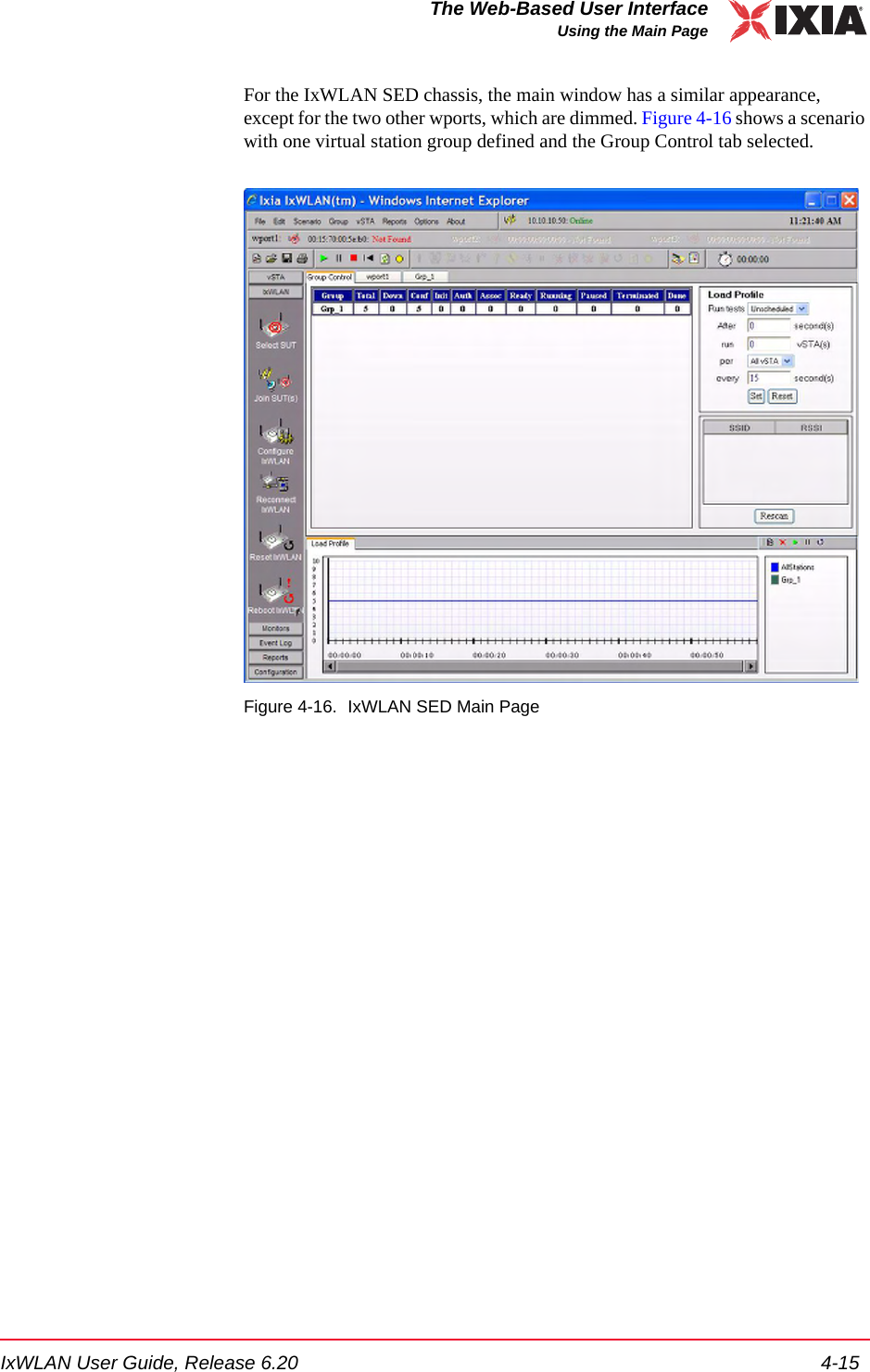 IxWLAN User Guide, Release 6.20 4-15The Web-Based User InterfaceUsing the Main PageFor the IxWLAN SED chassis, the main window has a similar appearance, except for the two other wports, which are dimmed. Figure 4-16 shows a scenario with one virtual station group defined and the Group Control tab selected.Figure 4-16. IxWLAN SED Main Page