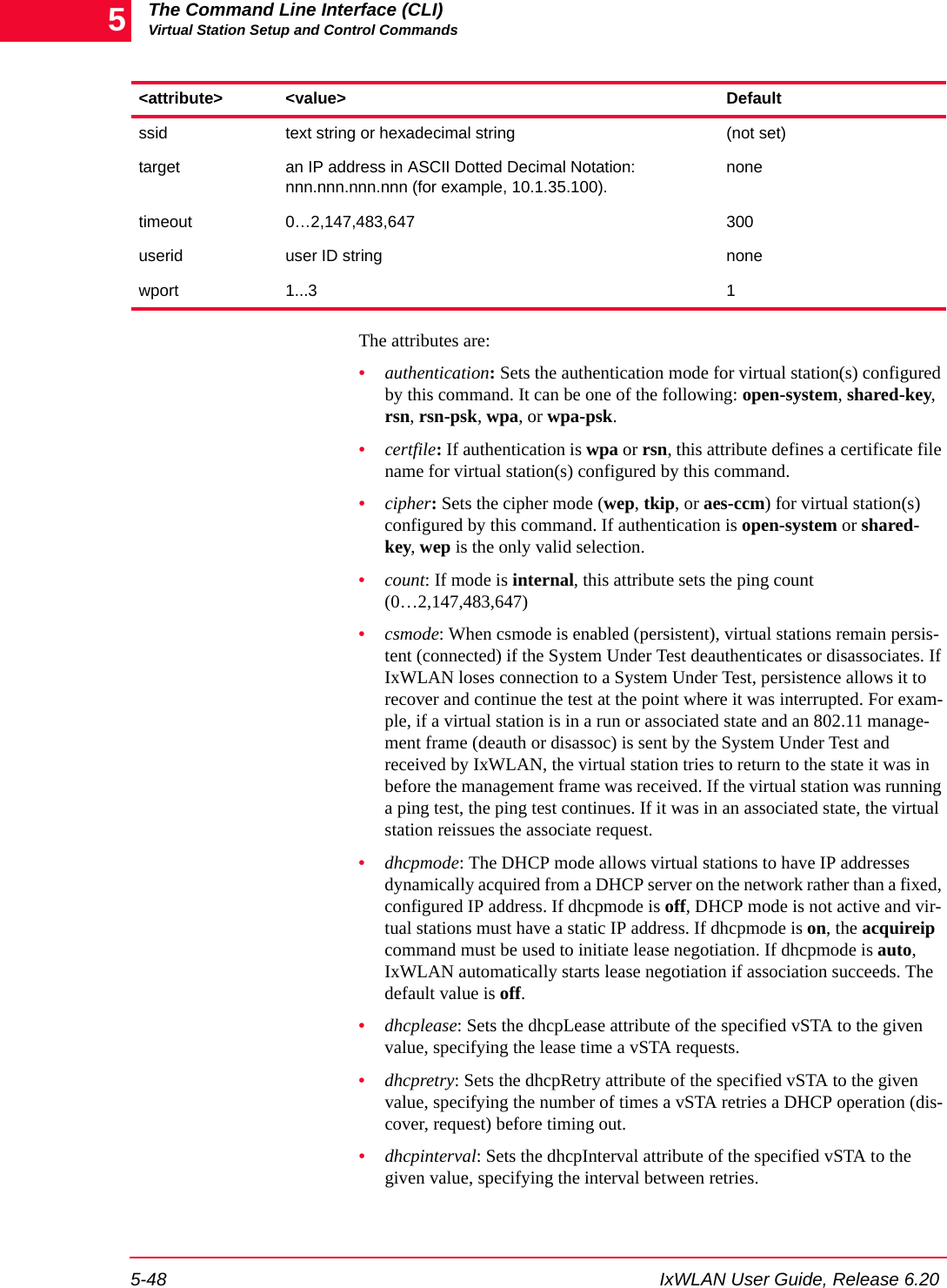 The Command Line Interface (CLI)Virtual Station Setup and Control Commands5-48 IxWLAN User Guide, Release 6.205The attributes are:&bull;authentication: Sets the authentication mode for virtual station(s) configured by this command. It can be one of the following: open-system, shared-key, rsn, rsn-psk, wpa, or wpa-psk. &bull;certfile: If authentication is wpa or rsn, this attribute defines a certificate file name for virtual station(s) configured by this command.&bull;cipher: Sets the cipher mode (wep, tkip, or aes-ccm) for virtual station(s) configured by this command. If authentication is open-system or shared-key, wep is the only valid selection. &bull;count: If mode is internal, this attribute sets the ping count (0&hellip;2,147,483,647)&bull;csmode: When csmode is enabled (persistent), virtual stations remain persis-tent (connected) if the System Under Test deauthenticates or disassociates. If IxWLAN loses connection to a System Under Test, persistence allows it to recover and continue the test at the point where it was interrupted. For exam-ple, if a virtual station is in a run or associated state and an 802.11 manage-ment frame (deauth or disassoc) is sent by the System Under Test and received by IxWLAN, the virtual station tries to return to the state it was in before the management frame was received. If the virtual station was running a ping test, the ping test continues. If it was in an associated state, the virtual station reissues the associate request.&bull;dhcpmode: The DHCP mode allows virtual stations to have IP addresses dynamically acquired from a DHCP server on the network rather than a fixed, configured IP address. If dhcpmode is off, DHCP mode is not active and vir-tual stations must have a static IP address. If dhcpmode is on, the acquireip command must be used to initiate lease negotiation. If dhcpmode is auto, IxWLAN automatically starts lease negotiation if association succeeds. The default value is off.&bull;dhcplease: Sets the dhcpLease attribute of the specified vSTA to the given value, specifying the lease time a vSTA requests.&bull;dhcpretry: Sets the dhcpRetry attribute of the specified vSTA to the given value, specifying the number of times a vSTA retries a DHCP operation (dis-cover, request) before timing out.&bull;dhcpinterval: Sets the dhcpInterval attribute of the specified vSTA to the given value, specifying the interval between retries.ssid text string or hexadecimal string (not set)target an IP address in ASCII Dotted Decimal Notation: nnn.nnn.nnn.nnn (for example, 10.1.35.100).nonetimeout 0&hellip;2,147,483,647 300userid user ID string nonewport 1...3 1<attribute> <value> Default