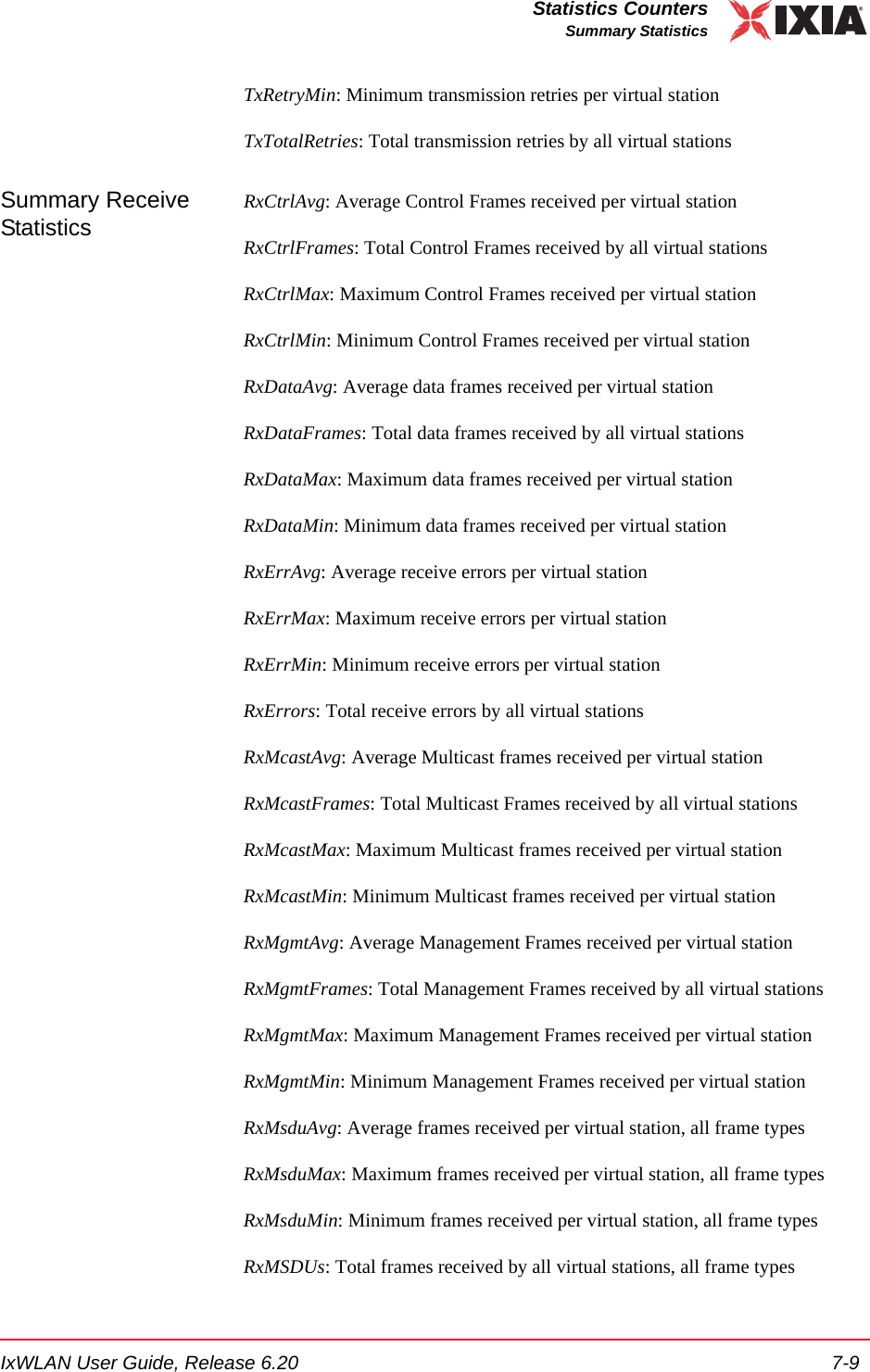IxWLAN User Guide, Release 6.20 7-9Statistics CountersSummary StatisticsTxRetryMin: Minimum transmission retries per virtual stationTxTotalRetries: Total transmission retries by all virtual stationsSummary Receive StatisticsRxCtrlAvg: Average Control Frames received per virtual stationRxCtrlFrames: Total Control Frames received by all virtual stationsRxCtrlMax: Maximum Control Frames received per virtual stationRxCtrlMin: Minimum Control Frames received per virtual stationRxDataAvg: Average data frames received per virtual stationRxDataFrames: Total data frames received by all virtual stationsRxDataMax: Maximum data frames received per virtual stationRxDataMin: Minimum data frames received per virtual stationRxErrAvg: Average receive errors per virtual stationRxErrMax: Maximum receive errors per virtual stationRxErrMin: Minimum receive errors per virtual stationRxErrors: Total receive errors by all virtual stationsRxMcastAvg: Average Multicast frames received per virtual stationRxMcastFrames: Total Multicast Frames received by all virtual stationsRxMcastMax: Maximum Multicast frames received per virtual stationRxMcastMin: Minimum Multicast frames received per virtual stationRxMgmtAvg: Average Management Frames received per virtual stationRxMgmtFrames: Total Management Frames received by all virtual stationsRxMgmtMax: Maximum Management Frames received per virtual stationRxMgmtMin: Minimum Management Frames received per virtual stationRxMsduAvg: Average frames received per virtual station, all frame typesRxMsduMax: Maximum frames received per virtual station, all frame typesRxMsduMin: Minimum frames received per virtual station, all frame typesRxMSDUs: Total frames received by all virtual stations, all frame types