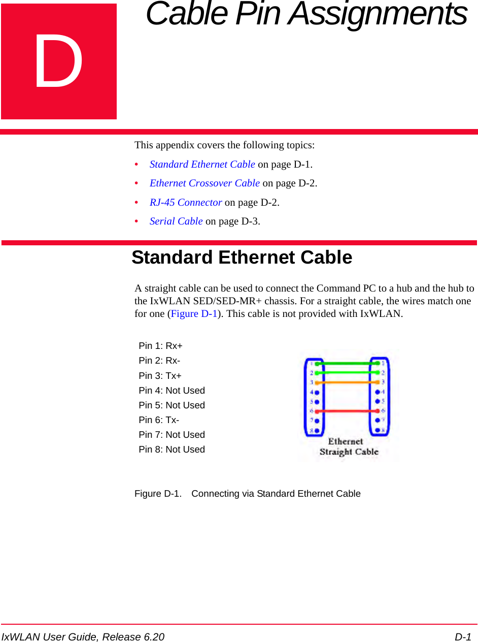 IxWLAN User Guide, Release 6.20 D-1DAppendix D: Cable Pin Assignments This appendix covers the following topics: &bull;Standard Ethernet Cable on page D-1.&bull;Ethernet Crossover Cable on page D-2.&bull;RJ-45 Connector on page D-2.&bull;Serial Cable on page D-3.Standard Ethernet CableA straight cable can be used to connect the Command PC to a hub and the hub to the IxWLAN SED/SED-MR+ chassis. For a straight cable, the wires match one for one (Figure D-1). This cable is not provided with IxWLAN.Figure D-1. Connecting via Standard Ethernet Cable Pin 1: Rx+Pin 2: Rx-Pin 3: Tx+Pin 4: Not UsedPin 5: Not UsedPin 6: Tx-Pin 7: Not UsedPin 8: Not Used