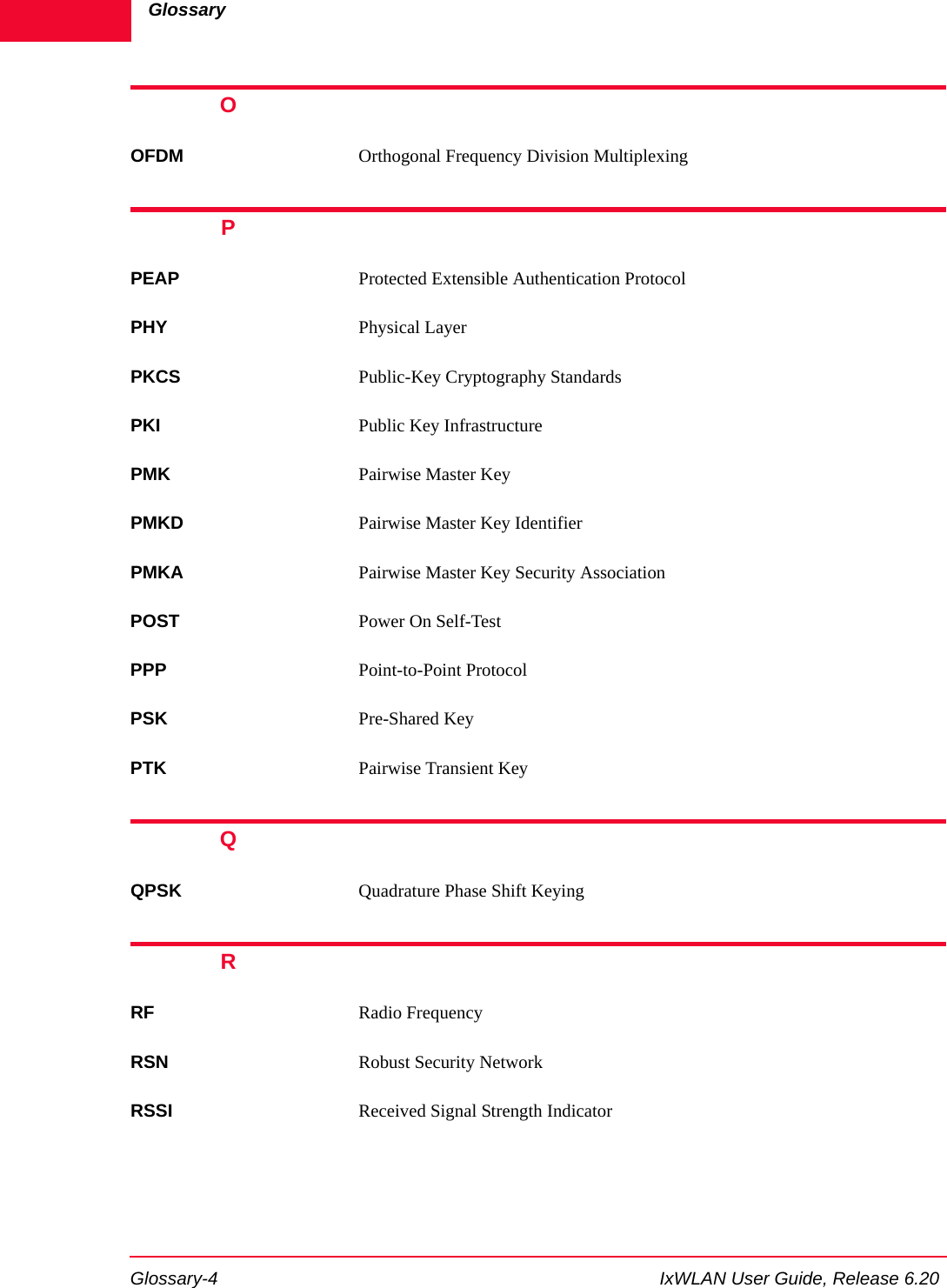 GlossaryGlossary-4 IxWLAN User Guide, Release 6.20OOFDM Orthogonal Frequency Division MultiplexingPPEAP Protected Extensible Authentication ProtocolPHY Physical LayerPKCS Public-Key Cryptography StandardsPKI Public Key InfrastructurePMK Pairwise Master KeyPMKD Pairwise Master Key IdentifierPMKA Pairwise Master Key Security AssociationPOST Power On Self-TestPPP Point-to-Point ProtocolPSK Pre-Shared KeyPTK Pairwise Transient KeyQQPSK Quadrature Phase Shift KeyingRRF Radio FrequencyRSN Robust Security Network RSSI Received Signal Strength Indicator