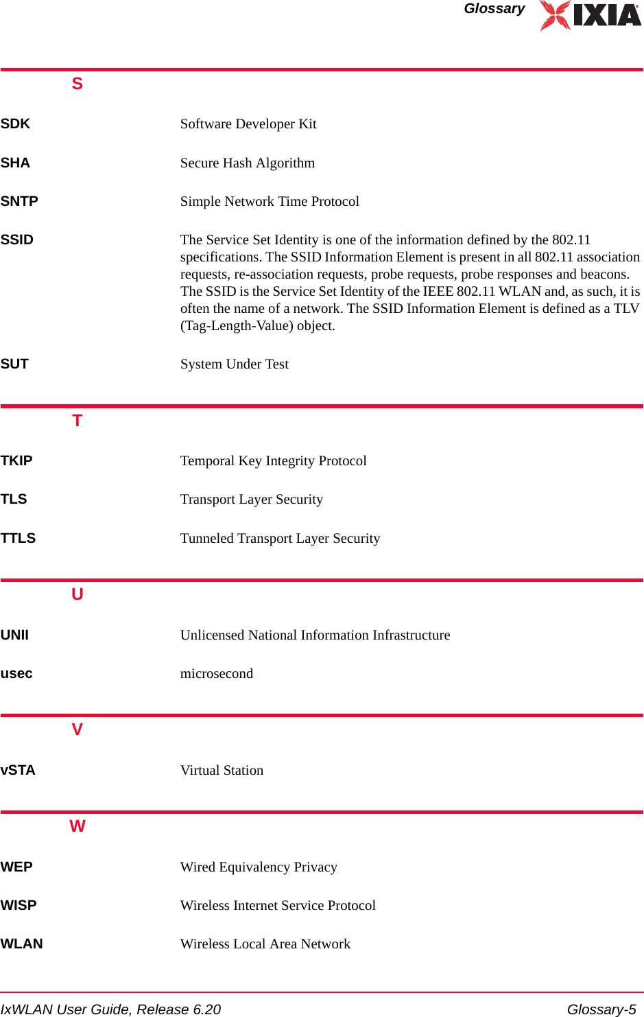 IxWLAN User Guide, Release 6.20 Glossary-5GlossarySSDK Software Developer KitSHA Secure Hash AlgorithmSNTP Simple Network Time ProtocolSSID The Service Set Identity is one of the information defined by the 802.11 specifications. The SSID Information Element is present in all 802.11 association requests, re-association requests, probe requests, probe responses and beacons. The SSID is the Service Set Identity of the IEEE 802.11 WLAN and, as such, it is often the name of a network. The SSID Information Element is defined as a TLV (Tag-Length-Value) object.SUT System Under TestTTKIP Temporal Key Integrity Protocol TLS Transport Layer SecurityTTLS Tunneled Transport Layer SecurityUUNII Unlicensed National Information Infrastructure usec microsecondVvSTA Virtual StationWWEP Wired Equivalency PrivacyWISP Wireless Internet Service ProtocolWLAN Wireless Local Area Network