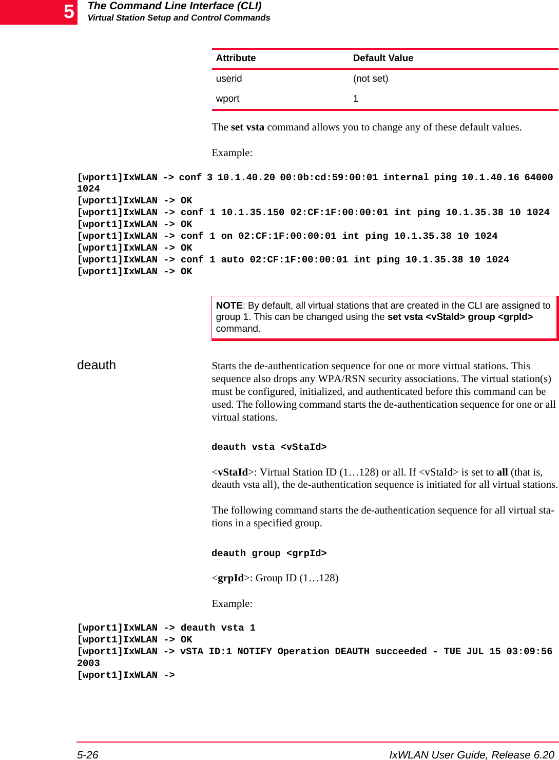 The Command Line Interface (CLI)Virtual Station Setup and Control Commands5-26 IxWLAN User Guide, Release 6.205The set vsta command allows you to change any of these default values.Example:[wport1]IxWLAN -> conf 3 10.1.40.20 00:0b:cd:59:00:01 internal ping 10.1.40.16 64000 1024[wport1]IxWLAN -> OK[wport1]IxWLAN -> conf 1 10.1.35.150 02:CF:1F:00:00:01 int ping 10.1.35.38 10 1024[wport1]IxWLAN -> OK[wport1]IxWLAN -> conf 1 on 02:CF:1F:00:00:01 int ping 10.1.35.38 10 1024[wport1]IxWLAN -> OK[wport1]IxWLAN -> conf 1 auto 02:CF:1F:00:00:01 int ping 10.1.35.38 10 1024[wport1]IxWLAN -> OKdeauth Starts the de-authentication sequence for one or more virtual stations. This sequence also drops any WPA/RSN security associations. The virtual station(s) must be configured, initialized, and authenticated before this command can be used. The following command starts the de-authentication sequence for one or all virtual stations. deauth vsta <vStaId><vStaId>: Virtual Station ID (1&hellip;128) or all. If <vStaId> is set to all (that is, deauth vsta all), the de-authentication sequence is initiated for all virtual stations.The following command starts the de-authentication sequence for all virtual sta-tions in a specified group.deauth group <grpId><grpId>: Group ID (1&hellip;128)Example:[wport1]IxWLAN -> deauth vsta 1[wport1]IxWLAN -> OK[wport1]IxWLAN -> vSTA ID:1 NOTIFY Operation DEAUTH succeeded - TUE JUL 15 03:09:56 2003[wport1]IxWLAN ->userid (not set)wport 1Attribute Default ValueNOTE: By default, all virtual stations that are created in the CLI are assigned to group 1. This can be changed using the set vsta <vStaId> group <grpId> command.