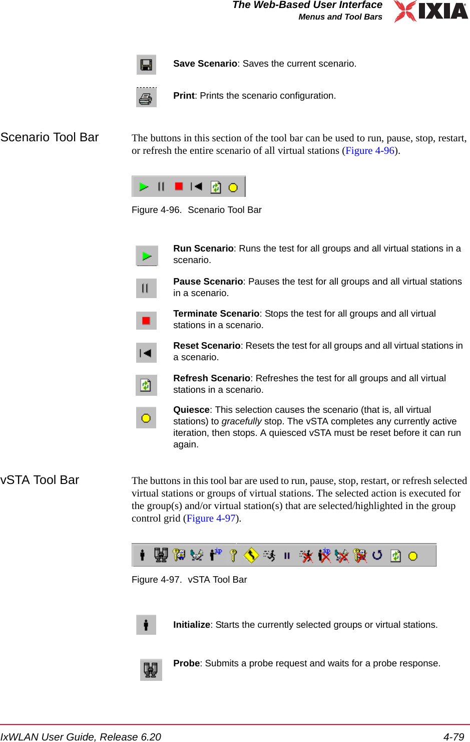 IxWLAN User Guide, Release 6.20 4-79The Web-Based User InterfaceMenus and Tool BarsScenario Tool Bar The buttons in this section of the tool bar can be used to run, pause, stop, restart, or refresh the entire scenario of all virtual stations (Figure 4-96). Figure 4-96. Scenario Tool BarvSTA Tool Bar The buttons in this tool bar are used to run, pause, stop, restart, or refresh selected virtual stations or groups of virtual stations. The selected action is executed for the group(s) and/or virtual station(s) that are selected/highlighted in the group control grid (Figure 4-97).Figure 4-97. vSTA Tool BarSave Scenario: Saves the current scenario.Print: Prints the scenario configuration.Run Scenario: Runs the test for all groups and all virtual stations in a scenario.Pause Scenario: Pauses the test for all groups and all virtual stations in a scenario.Terminate Scenario: Stops the test for all groups and all virtual stations in a scenario.Reset Scenario: Resets the test for all groups and all virtual stations in a scenario.Refresh Scenario: Refreshes the test for all groups and all virtual stations in a scenario.Quiesce: This selection causes the scenario (that is, all virtual stations) to gracefully stop. The vSTA completes any currently active iteration, then stops. A quiesced vSTA must be reset before it can run again.Initialize: Starts the currently selected groups or virtual stations.Probe: Submits a probe request and waits for a probe response.