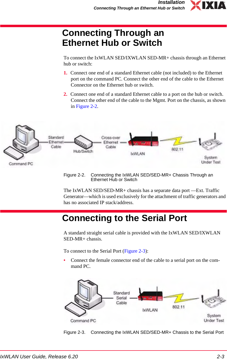 IxWLAN User Guide, Release 6.20 2-3InstallationConnecting Through an Ethernet Hub or SwitchConnecting Through an Ethernet Hub or SwitchTo connect the IxWLAN SED/IXWLAN SED-MR+ chassis through an Ethernet hub or switch:1. Connect one end of a standard Ethernet cable (not included) to the Ethernet port on the command PC. Connect the other end of the cable to the Ethernet Connector on the Ethernet hub or switch.2. Connect one end of a standard Ethernet cable to a port on the hub or switch. Connect the other end of the cable to the Mgmt. Port on the chassis, as shown in Figure 2-2.Figure 2-2. Connecting the IxWLAN SED/SED-MR+ Chassis Through an Ethernet Hub or SwitchThe IxWLAN SED/SED-MR+ chassis has a separate data port &mdash;Ext. Traffic Generator&mdash;which is used exclusively for the attachment of traffic generators and has no associated IP stack/address.Connecting to the Serial PortA standard straight serial cable is provided with the IxWLAN SED/IXWLAN SED-MR+ chassis.To connect to the Serial Port (Figure 2-3):&bull;Connect the female connector end of the cable to a serial port on the com-mand PC. Figure 2-3. Connecting the IxWLAN SED/SED-MR+ Chassis to the Serial Port
