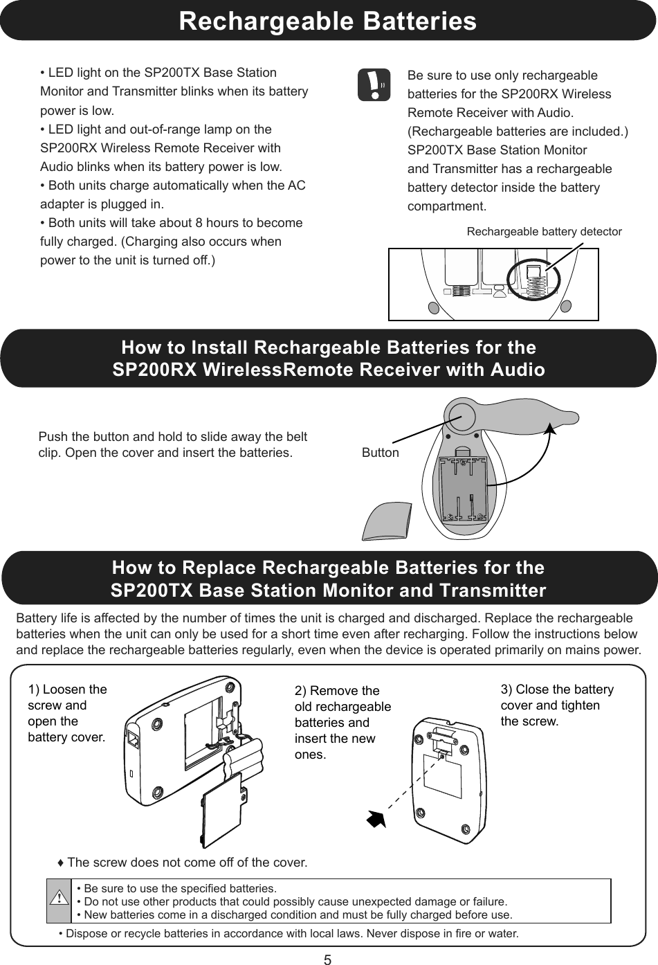 Rechargeable BatteriesHow to Install Rechargeable Batteries for theSP200RX WirelessRemote Receiver with Audio5ButtonPush the button and hold to slide away the belt clip. Open the cover and insert the batteries.• LED light on the SP200TX Base Station Monitor and Transmitter blinks when its battery power is low.  • LED light and out-of-range lamp on the SP200RX Wireless Remote Receiver with Audio blinks when its battery power is low.• Both units charge automatically when the AC adapter is plugged in.• Both units will take about 8 hours to become fully charged. (Charging also occurs when power to the unit is turned off.)Be sure to use only rechargeable batteries for the SP200RX WirelessRemote Receiver with Audio. (Rechargeable batteries are included.)SP200TX Base Station Monitorand Transmitter has a rechargeable battery detector inside the battery compartment.Rechargeable battery detector1) Loosen the screw and open the battery cover.3) Close the battery cover and tighten the screw.• Dispose or recycle batteries in accordance with local laws. Never dispose in fire or water.♦ The screw does not come off of the cover.How to Replace Rechargeable Batteries for theSP200TX Base Station Monitor and TransmitterBattery life is affected by the number of times the unit is charged and discharged. Replace the rechargeable batteries when the unit can only be used for a short time even after recharging. Follow the instructions below and replace the rechargeable batteries regularly, even when the device is operated primarily on mains power.2) Remove the old rechargeable batteries and insert the new ones.• Be sure to use the specified batteries. • Do not use other products that could possibly cause unexpected damage or failure.• New batteries come in a discharged condition and must be fully charged before use.