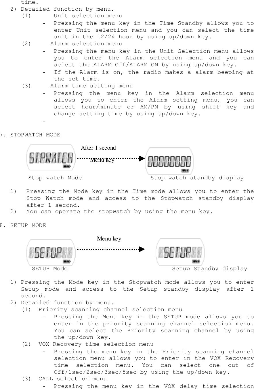 time.2) Detailed function by menu.(1)  Unit selection menu- Pressing the menu key in the Time Standby allows you toenter Unit selection menu and you can select the timeunit in the 12/24 hour by using up/down key.(2) Alarm selection menu- Pressing the menu key in the Unit Selection menu allowsyou to enter the Alarm selection menu and you canselect the ALARM Off/ALARM ON by using up/down key.- If the Alarm is on, the radio makes a alarm beeping atthe set time.(3) Alarm time setting menu- Pressing the menu key in the Alarm selection menuallows you to enter the Alarm setting menu, you canselect hour/minute or AM/PM by using shift key andchange setting time by using up/down key.- 7. STOPWATCH MODE     Stop watch Mode                   Stop watch standby display1) Pressing the Mode key in the Time mode allows you to enter theStop Watch mode and access to the Stopwatch standby displayafter 1 second.2) You can operate the stopwatch by using the menu key.8. SETUP MODE      SETUP Mode                             Setup Standby display1) Pressing the Mode key in the Stopwatch mode allows you to enterSetup mode and access to the Setup standby display after 1second.2) Detailed function by menu.(1) Priority scanning channel selection menu- Pressing the Menu key in the SETUP mode allows you toenter in the priority scanning channel selection menu.You can select the Priority scanning channel by usingthe up/down key.(2) VOX Recovery time selection menu- Pressing the menu key in the Priority scanning channelselection menu allows you to enter in the VOX Recoverytime selection menu. You can select one out ofOff/1sec/2sec/3sec/5sec by using the up/down key.(3) CALL selection menu- Pressing the menu key in the VOX delay time selection After 1 second Menu keyMenu key