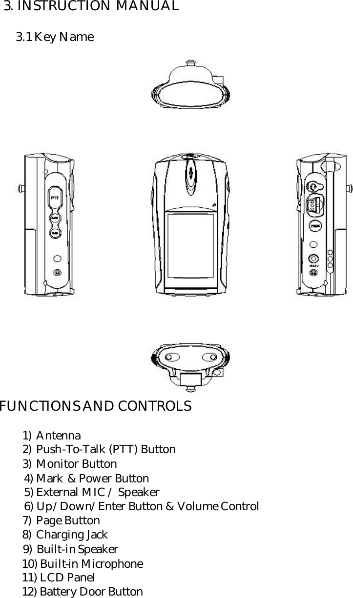  3. INSTRUCTION MANUAL     3.1 Key Name   FUNCTIONS AND CONTROLS       1) Antenna      2) Push-To-Talk (PTT) Button      3) Monitor Button      4) Mark &amp; Power Button      5) External MIC / Speaker      6) Up/Down/Enter Button &amp; Volume Control      7) Page Button      8) Charging Jack        9) Built-in Speaker     10) Built-in Microphone   11) LCD Panel   12) Battery Door Button  