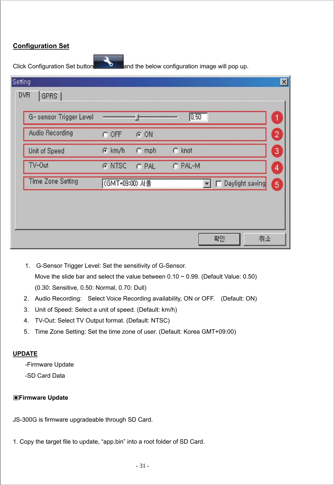  - 31 -    Configuration Set Click Configuration Set button and the below configuration image will pop up.                    1.  G-Sensor Trigger Level: Set the sensitivity of G-Sensor.   Move the slide bar and select the value between 0.10 ~ 0.99. (Default Value: 0.50)   (0.30: Sensitive, 0.50: Normal, 0.70: Dull) 2.  Audio Recording:   Select Voice Recording availability, ON or OFF.    (Default: ON) 3.  Unit of Speed: Select a unit of speed. (Default: km/h) 4.  TV-Out: Select TV Output format. (Default: NTSC) 5.  Time Zone Setting: Set the time zone of user. (Default: Korea GMT+09:00)  UPDATE -Firmware Update -SD Card Data  ▣Firmware Update  JS-300G is firmware upgradeable through SD Card.  1. Copy the target file to update, “app.bin” into a root folder of SD Card. 