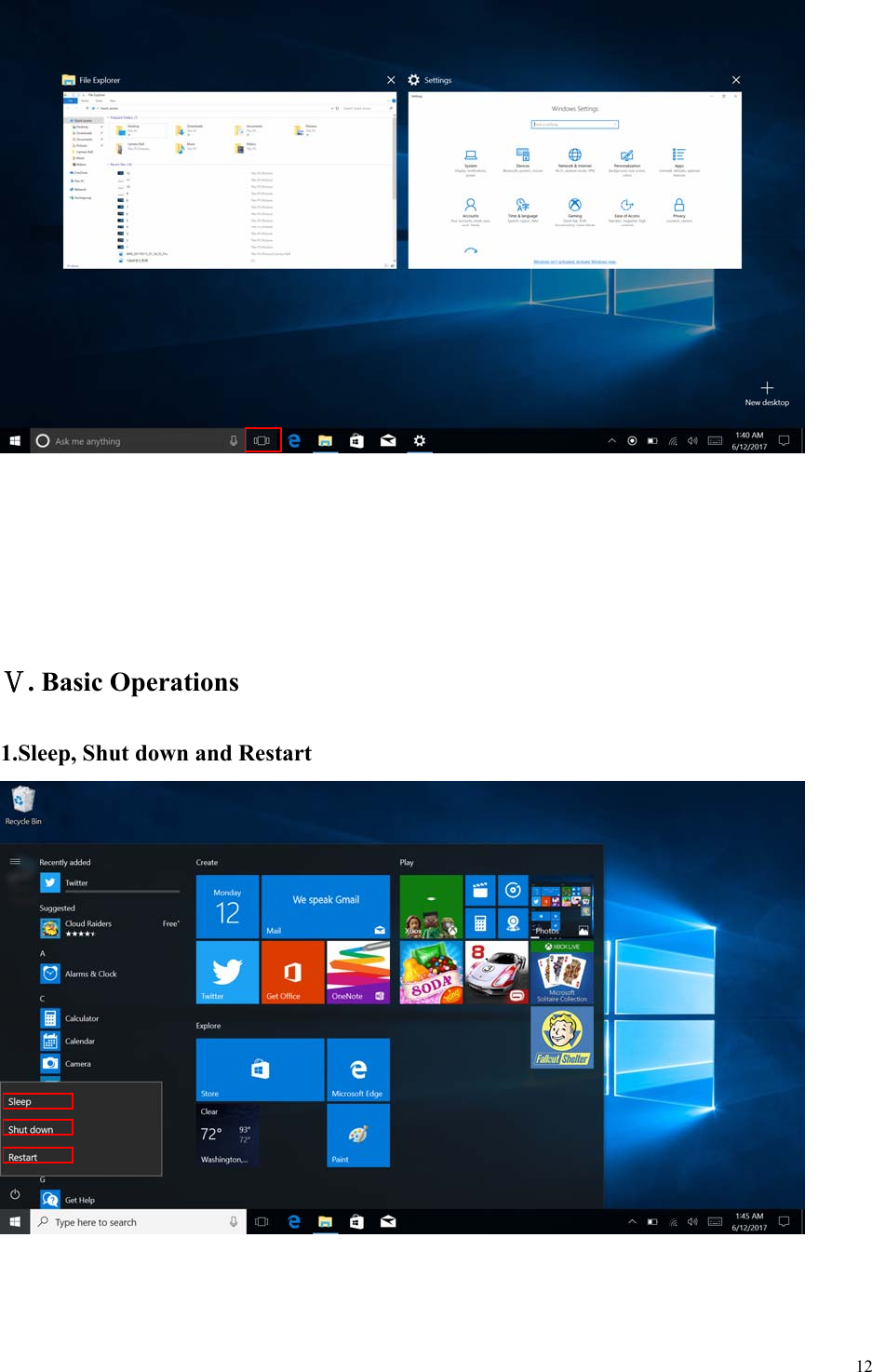  12         . Basic OperationsⅤ 1.Sleep, Shut down and Restart   
