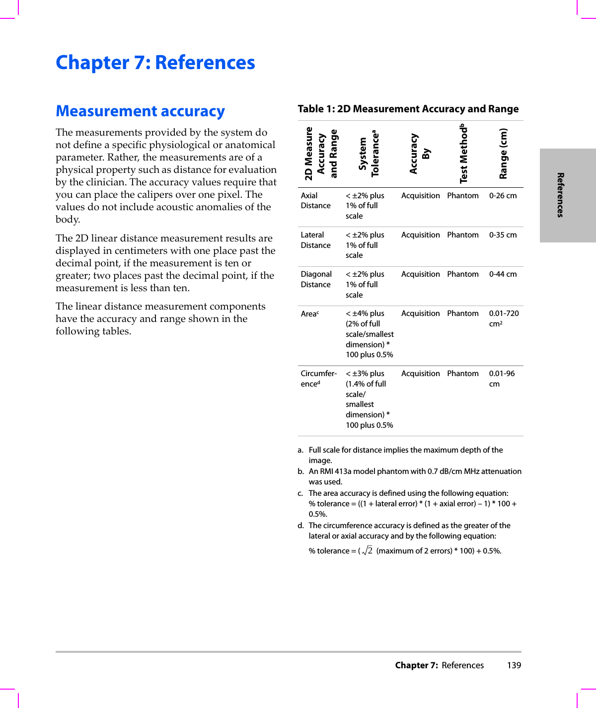 Chapter 7:  References 139ReferencesChapter 7: ReferencesMeasurement accuracyThemeasurementsprovidedbythesystemdonotdefineaspecificphysiologicaloranatomicalparameter.Rather,themeasurementsareofaphysicalpropertysuchasdistanceforevaluationbytheclinician.Theaccuracyvaluesrequirethatyoucanplacethecalipersoveronepixel.Thevaluesdonotincludeacousticanomaliesofthebody.The2Dlineardistancemeasurementresultsaredisplayedincentimeterswithoneplacepastthedecimalpoint,ifthemeasurementistenorgreater;twoplacespastthedecimalpoint,ifthemeasurementislessthanten.Thelineardistancemeasurementcomponentshavetheaccuracyandrangeshowninthefollowingtables.Table 1: 2D Measurement Accuracy and Range2D MeasureAccuracyand RangeSystemToleranceaAccuracy ByTest MethodbRange (cm)Axial Distance&lt; ±2% plus 1% of full scaleAcquisition Phantom 0-26 cmLateral Distance&lt; ±2% plus 1% of full scaleAcquisition Phantom 0-35 cmDiagonal Distance&lt; ±2% plus 1% of full scaleAcquisition Phantom 0-44 cmAreac&lt; ±4% plus (2% of full scale/smallest dimension) * 100 plus 0.5%Acquisition Phantom 0.01-720 cm2Circumfer-enced&lt; ±3% plus (1.4% of full scale/ smallest dimension) * 100 plus 0.5%Acquisition Phantom 0.01-96 cma. Full scale for distance implies the maximum depth of the image.b. An RMI 413a model phantom with 0.7 dB/cm MHz attenuation was used.c. The area accuracy is defined using the following equation:% tolerance = ((1 + lateral error) * (1 + axial error) – 1) * 100 + 0.5%.d. The circumference accuracy is defined as the greater of the lateral or axial accuracy and by the following equation: % tolerance = (  (maximum of 2 errors) * 100) + 0.5%.2