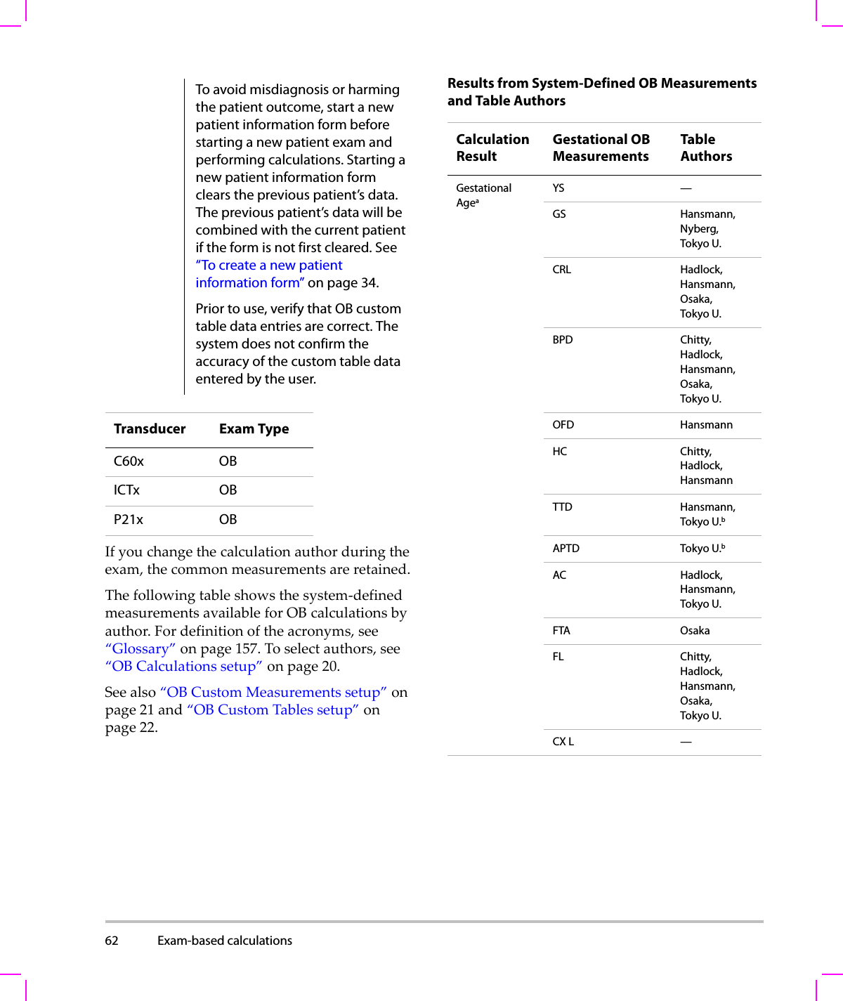 62 Exam-based calculations  Ifyouchangethecalculationauthorduringtheexam,thecommonmeasurementsareretained.Thefollowingtableshowsthesystem‐definedmeasurementsavailableforOBcalculationsbyauthor.Fordefinitionoftheacronyms,see“Glossary”onpage 157.Toselectauthors,see“OBCalculationssetup”onpage 20.Seealso“OBCustomMeasurementssetup”onpage 21and“OBCustomTablessetup”onpage 22.Results from System-Defined OB Measurements and Table AuthorsTo avoid misdiagnosis or harming the patient outcome, start a new patient information form before starting a new patient exam and performing calculations. Starting a new patient information form clears the previous patient’s data. The previous patient’s data will be combined with the current patient if the form is not first cleared. See “To create a new patient information form” on page 34.Prior to use, verify that OB custom table data entries are correct. The system does not confirm the accuracy of the custom table data entered by the user.Transducer Exam TypeC60x OBICTx OBP21x OBCalculation ResultGestational OB MeasurementsTable AuthorsGestational AgeaYS —GS Hansmann, Nyberg, Tokyo U.CRL Hadlock, Hansmann, Osaka, Tokyo U.BPD Chitty, Hadlock, Hansmann, Osaka, Tokyo U.OFD HansmannHC Chitty, Hadlock, HansmannTTD Hansmann, Tokyo U.bAPTD Tokyo U.bAC Hadlock, Hansmann, Tokyo U.FTA OsakaFL Chitty, Hadlock, Hansmann, Osaka, Tokyo U.CX L —