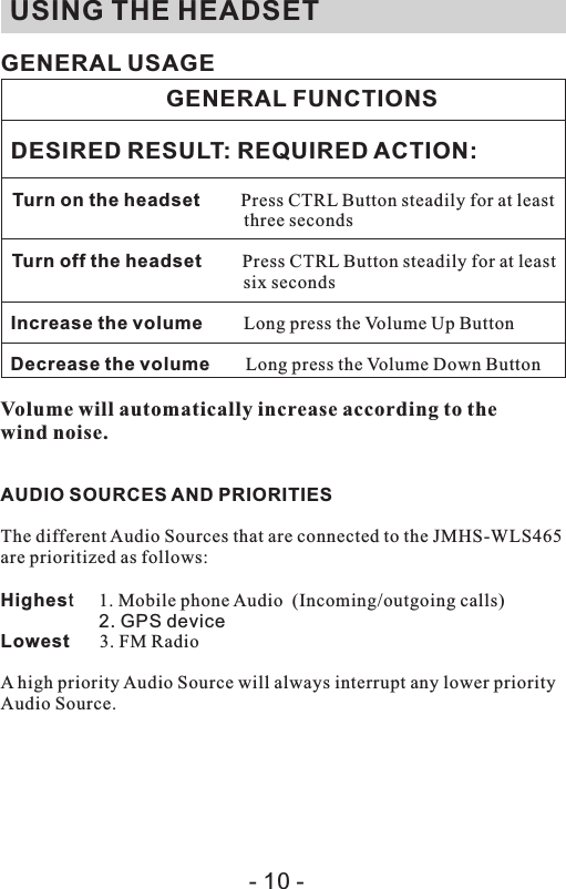 GENERAL USAGE                                GENERAL FUNCTIONSDESIRED RESULT: REQUIRED ACTION:Turn on the headset        Press CTRL Button steadily for at least three secondsTurn off the headset        Press CTRL Button steadily for at least six secondsIncrease the volume        Long press the Volume Up ButtonDecrease the volume       Long press the Volume Down ButtonVolume will automatically increase according to the wind noise.AUDIO SOURCES AND PRIORITIESThe different Audio Sources that are connected to the JMHS-WLS465 are prioritized as follows:Highest  1. Mobile phone Audio  (Incoming/outgoing calls)2. GPS device               Lowest      3. FM RadioA high priority Audio Source will always interrupt any lower priority Audio Source.USING THE HEADSET- 10 -