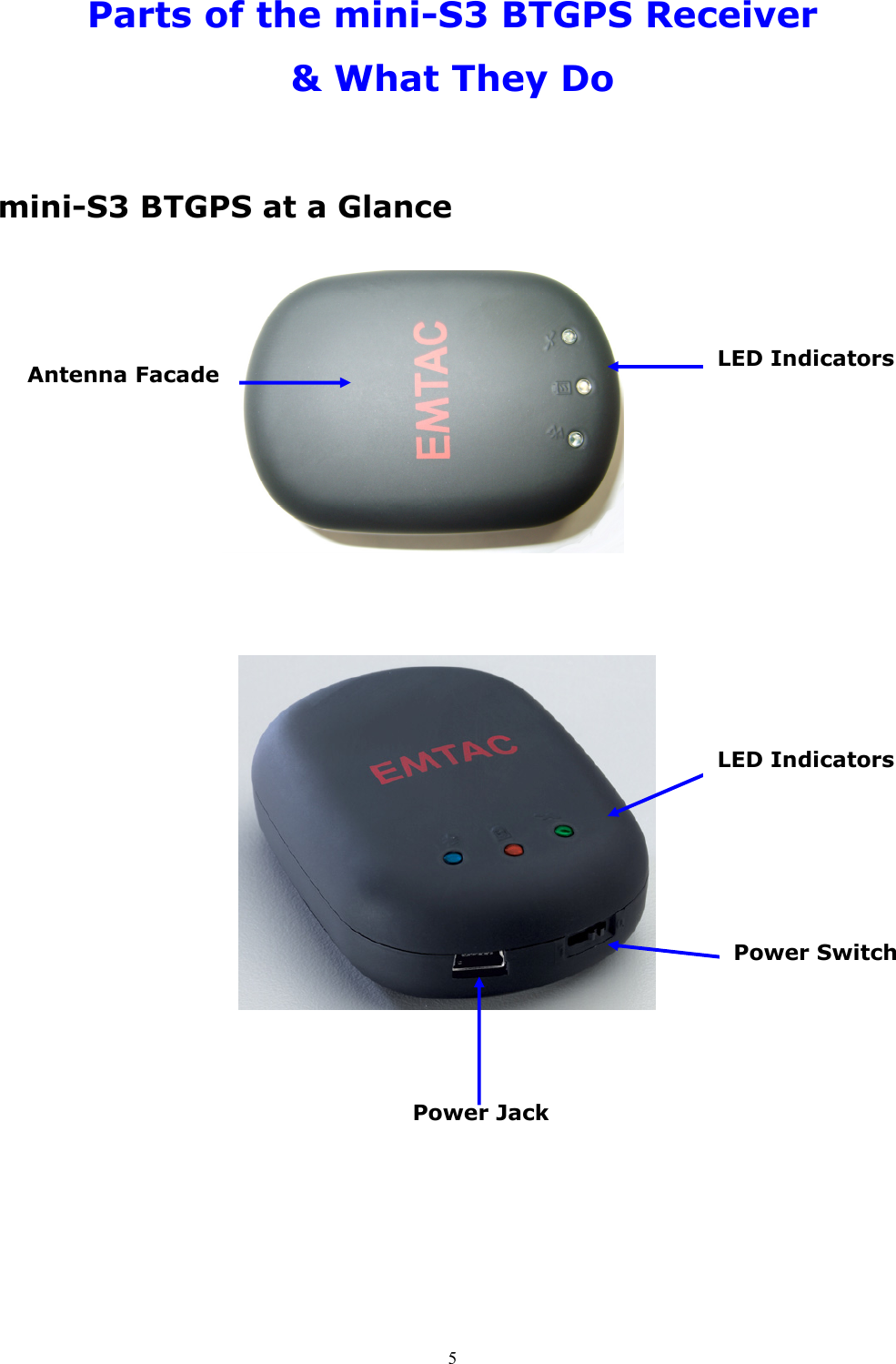  5Parts of the mini-S3 BTGPS Receiver &amp; What They Do   mini-S3 BTGPS at a Glance              LED Indicators Power Jack Antenna Facade LED Indicators Power Switch 