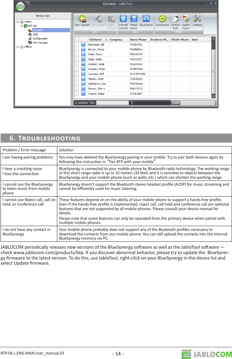 BTP-06.L.ENG.MAN.User_manual.03 - 14 -Problem / Error message SoluonI am having pairing problems You may have deleted the BlueSynergy pairing in your mobile. Try to pair both devices again by following the instrucon in “Pair BTP with your mobile”.I hear a crackling noiseI lose the connecon  BlueSynergy is connected to your mobile phone by Bluetooth radio technology. The working range of this short range radio is up to 10 meters (33 feet) and it is sensive to objects between the BlueSynergy and your mobile phone (such as walls, etc.) which can shorten the working range.I cannot use the BlueSynergy to listen music from mobile phoneBlueSynergy doesn‘t support the Bluetooth stereo headset prole (A2DP) for music streaming and cannot be eciently used for music listening.I cannot use Reject call, call on hold, or Conference callThese features depend on on the ability of your mobile phone to support a hands-free prole. Even if the hands-free prole is implemented, reject call, call hold and conference call are oponal features that are not supported by all mobile phones. Please consult your device manual for details.Please note that some features can only be operated from the primary device when paired with mulple mobile phones.I do not have any contact in BlueSynergyYour mobile phone probably does not support any of the Bluetooth proles necessary to download the contacts from you mobile phone. You can sll upload the contacts into the internal BlueSynergy memory via PC.JABLOCOM periodically releases new versions of the BlueSynergy soware as well as the JabloTool soware — check www.jablocom.com/products/btp. If you discover abnormal behavior, please try to update the  BlueSyner-gy rmware to the latest version. To do this, use JabloTool, right-click on your BlueSynergy in the device list and select Update rmware.