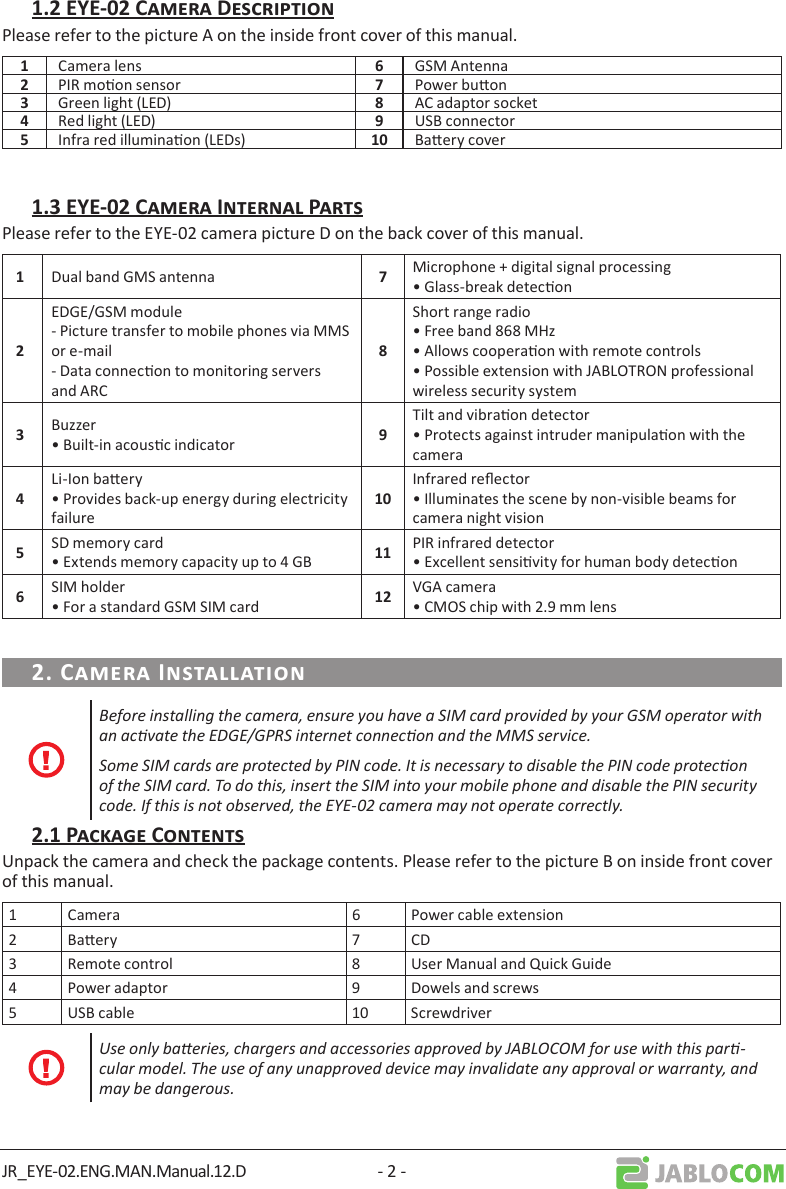JR_EYE-02.ENG.MAN.Manual.12.D - 2 -Please refer to the picture A on the inside front cover of this manual.Camera lens GSM AntennaPIR moon sensor Power buonGreen light (LED) AC adaptor socketRed light (LED) USB connectorInfra red illuminaon (LEDs)  Baery coverPlease refer to the EYE-02 camera picture D on the back cover of this manual.Dual band GMS antenna Microphone + digital signal processing• Glass-break deteconEDGE/GSM module- Picture transfer to mobile phones via MMS or e-mail- Data connecon to monitoring servers and ARCShort range radio• Free band 868 MHz• Allows cooperaon with remote controls• Possible extension with JABLOTRON professional wireless security systemBuzzer• Built-in acousc indicator Tilt and vibraon detector• Protects against intruder manipulaon with the cameraLi-Ion baery• Provides back-up energy during electricity failureInfrared reector• Illuminates the scene by non-visible beams for camera night visionSD memory card• Extends memory capacity up to 4 GB  PIR infrared detector• Excellent sensivity for human body deteconSIM holder• For a standard GSM SIM card  VGA camera• CMOS chip with 2.9 mm lensBefore installing the camera, ensure you have a SIM card provided by your GSM operator with an acvate the EDGE/GPRS internet connecon and the MMS service.Some SIM cards are protected by PIN code. It is necessary to disable the PIN code protecon of the SIM card. To do this, insert the SIM into your mobile phone and disable the PIN security code. If this is not observed, the EYE-02 camera may not operate correctly.Unpack the camera and check the package contents. Please refer to the picture B on inside front cover of this manual.1 Camera 6 Power cable extension2 Baery  7 CD3 Remote control 8 User Manual and Quick Guide4 Power adaptor 9 Dowels and screws5 USB cable 10 ScrewdriverUse only baeries, chargers and accessories approved by JABLOCOM for use with this par-cular model. The use of any unapproved device may invalidate any approval or warranty, and may be dangerous.
