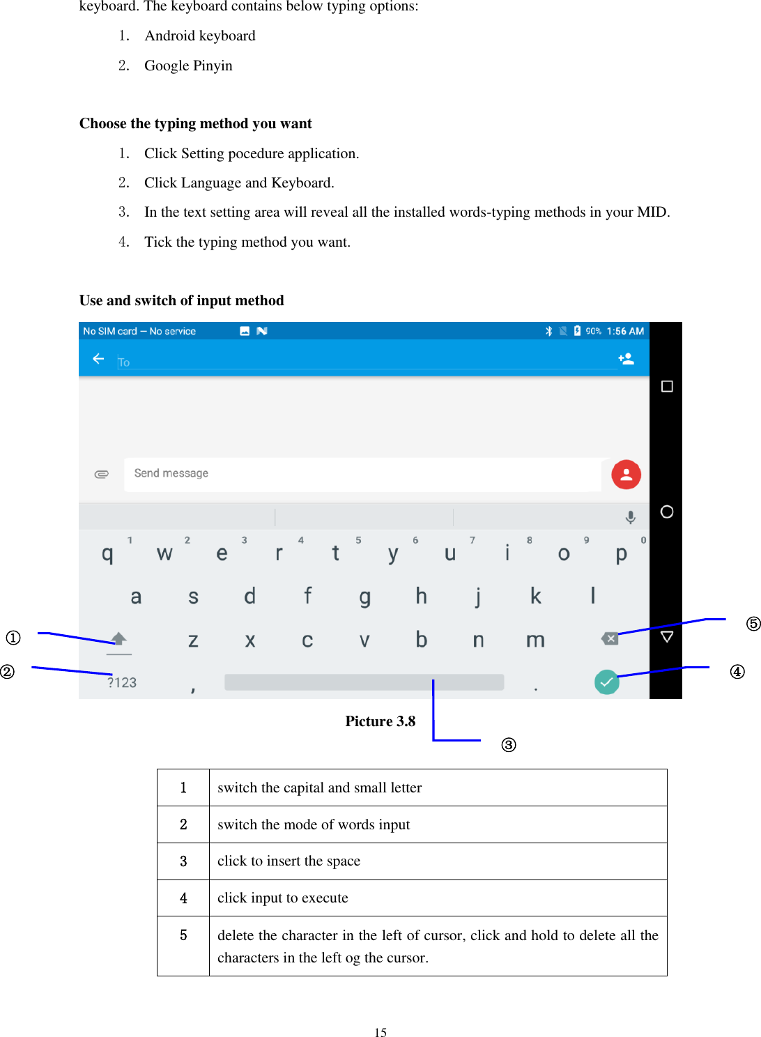      15 keyboard. The keyboard contains below typing options: 1. Android keyboard 2. Google Pinyin            Choose the typing method you want 1. Click Setting pocedure application. 2. Click Language and Keyboard. 3. In the text setting area will reveal all the installed words-typing methods in your MID.   4. Tick the typing method you want.  Use and switch of input method  Picture 3.8  1 switch the capital and small letter   2 switch the mode of words input   3 click to insert the space 4 click input to execute 5 delete the character in the left of cursor, click and hold to delete all the characters in the left og the cursor.  ① ② ③3 ⑤ ④ 