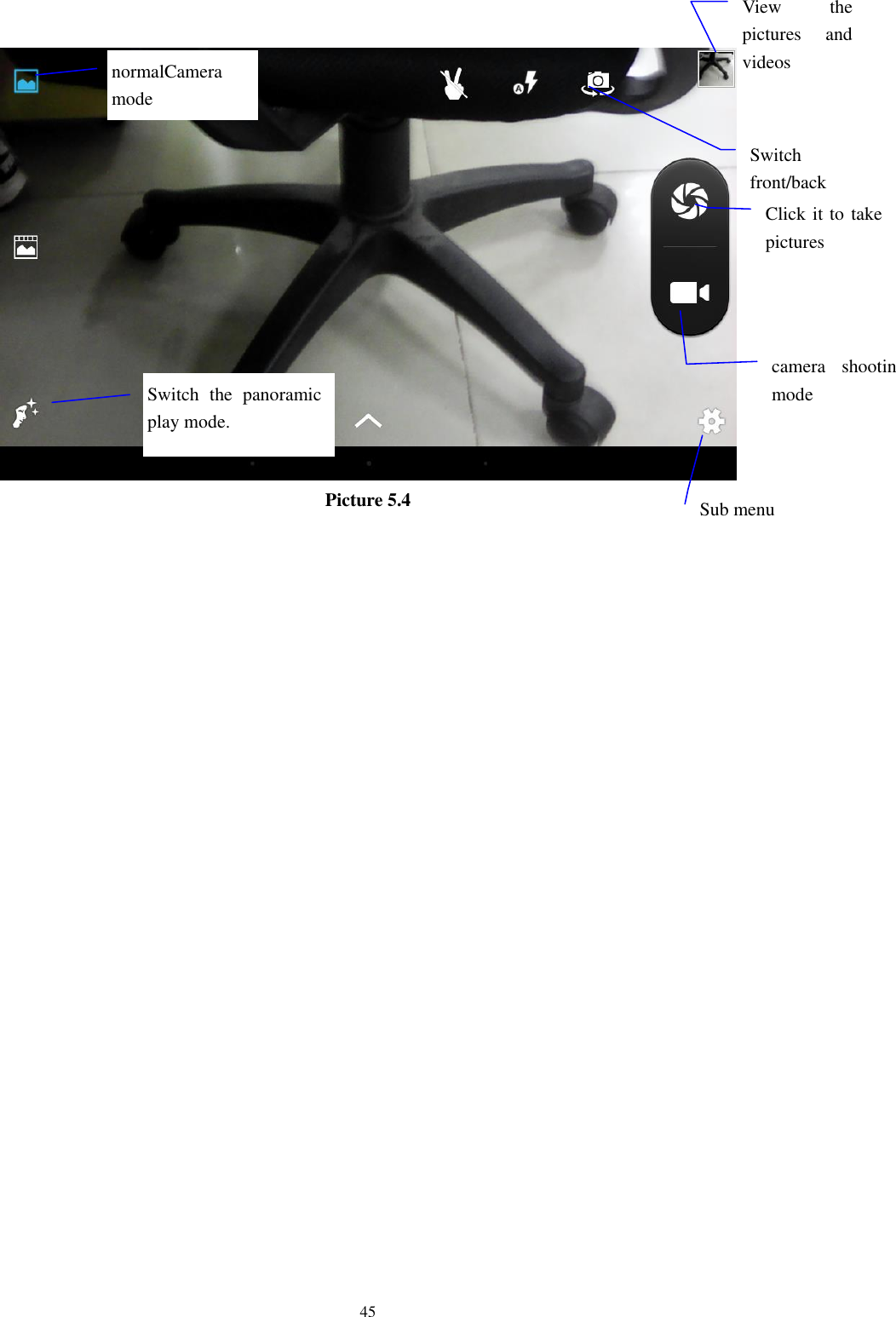      45  Picture 5.4  View  the pictures  and videos  Switch front/back camera  Click it to take pictures    Switch  the  panoramic play mode.  camera  shooting mode  Sub menu  normalCamera mode  