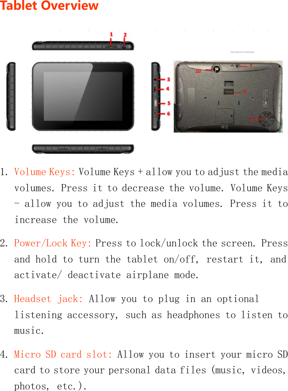   TabletOver view 1. Volume Keys: Volume Keys + allow you to adjust the media volumes. Press it to decrease the volume. Volume Keys - allow you to adjust the media volumes. Press it to increase the volume. 2. Power/Lock Key: Press to lock/unlock the screen. Press and hold to turn the tablet on/off, restart it, and activate/ deactivate airplane mode. 3. Headset jack: Allow you to plug in an optional listening accessory, such as headphones to listen to music. 4. Micro SD card slot: Allow you to insert your micro SD card to store your personal data files (music, videos, photos, etc.). 