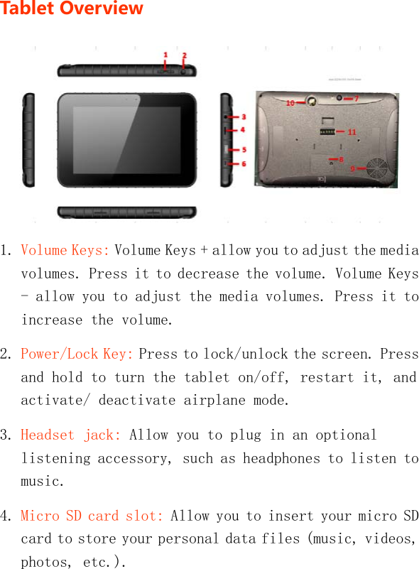   TabletOver view 1. Volume Keys: Volume Keys + allow you to adjust the media volumes. Press it to decrease the volume. Volume Keys - allow you to adjust the media volumes. Press it to increase the volume. 2. Power/Lock Key: Press to lock/unlock the screen. Press and hold to turn the tablet on/off, restart it, and activate/ deactivate airplane mode. 3. Headset jack: Allow you to plug in an optional listening accessory, such as headphones to listen to music. 4. Micro SD card slot: Allow you to insert your micro SD card to store your personal data files (music, videos, photos, etc.). 