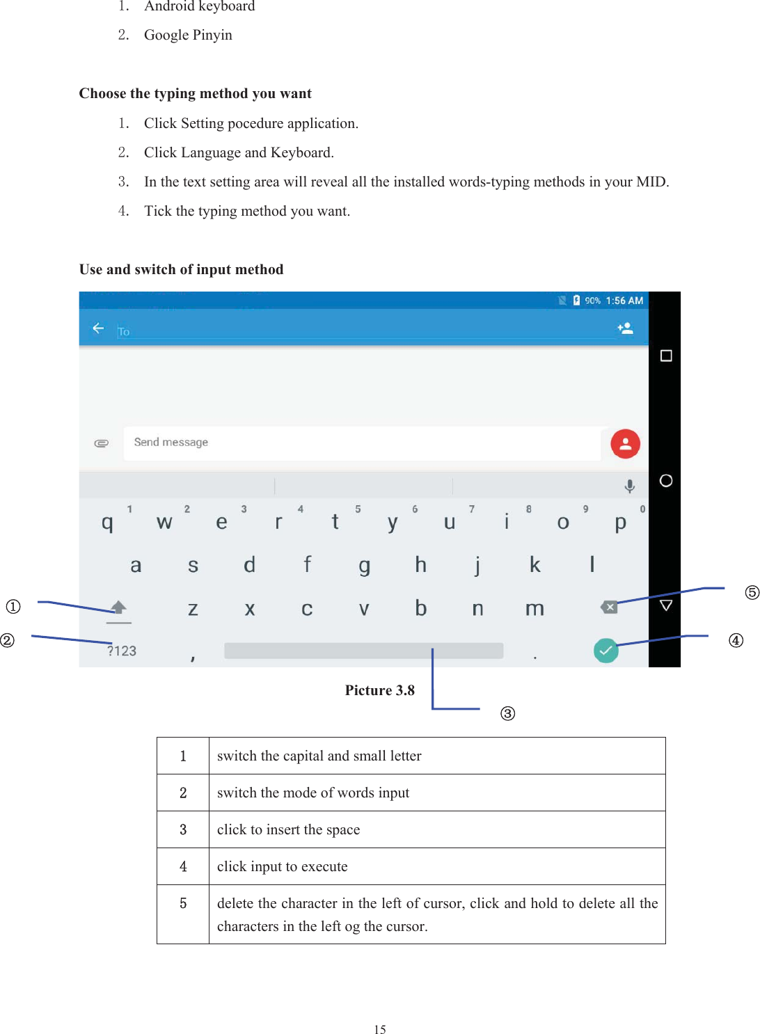  15 Android keyboard  Google Pinyin        Choose the typing method you want  Click Setting pocedure application.  Click Language and Keyboard.  In the text setting area will reveal all the installed words-typing methods in your MID.    Tick the typing method you want. Use and switch of input method Picture 3.8 switch the capital and small letter   switch the mode of words input   click to insert the space click input to execute delete the character in the left of cursor, click and hold to delete all the characters in the left og the cursor. ķĸĹĻĺ