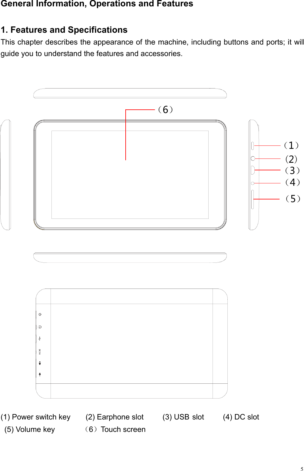  5General Information, Operations and Features                                                 1. Features and Specifications This chapter describes the appearance of the machine, including buttons and ports; it will guide you to understand the features and accessories.        (1) Power switch key    (2) Earphone slot     (3) USBslot     (4) DC slot  (5) Volume key       （6）Touch screen     （5）（4）（3）（1）（6） (2)