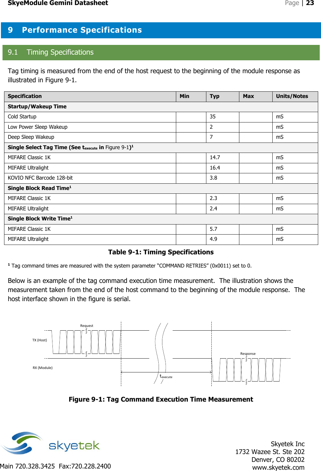 SkyeModule Gemini Datasheet   Page | 23    Skyetek Inc 1732 Wazee St. Ste 202 Denver, CO 80202 www.skyetek.com Main 720.328.3425  Fax:720.228.2400  9 Performance Specifications 9.1 Timing Specifications Tag timing is measured from the end of the host request to the beginning of the module response as illustrated in Figure 9-1. Specification Min Typ Max Units/Notes Startup/Wakeup Time Cold Startup  35  mS Low Power Sleep Wakeup   2  mS Deep Sleep Wakeup  7  mS Single Select Tag Time (See texecute in Figure 9-1)1 MIFARE Classic 1K  14.7  mS MIFARE Ultralight  16.4  mS KOVIO NFC Barcode 128-bit  3.8  mS Single Block Read Time1 MIFARE Classic 1K  2.3  mS MIFARE Ultralight  2.4  mS Single Block Write Time1 MIFARE Classic 1K  5.7  mS MIFARE Ultralight  4.9  mS Table 9-1: Timing Specifications 1 Tag command times are measured with the system parameter “COMMAND RETRIES” (0x0011) set to 0. Below is an example of the tag command execution time measurement.  The illustration shows the measurement taken from the end of the host command to the beginning of the module response.  The host interface shown in the figure is serial.  TX (Host)RX (Module)texecuteRequestResponse Figure 9-1: Tag Command Execution Time Measurement    