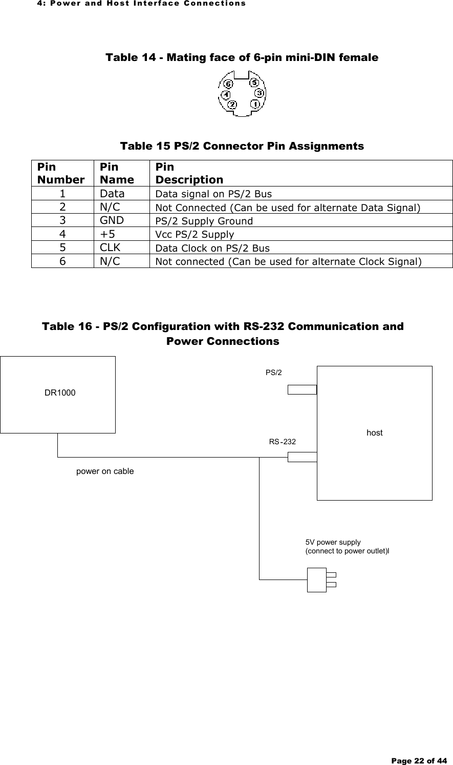 4: Power and Host Interface Connections Page 22 of 44    Table 14 - Mating face of 6-pin mini-DIN female   Table 15 PS/2 Connector Pin Assignments Pin Number Pin Name Pin Description 1 Data Data signal on PS/2 Bus 2 N/C  Not Connected (Can be used for alternate Data Signal) 3 GND PS/2 Supply Ground 4 +5  Vcc PS/2 Supply 5 CLK Data Clock on PS/2 Bus 6 N/C  Not connected (Can be used for alternate Clock Signal)  Table 16 - PS/2 Configuration with RS-232 Communication and  Power Connections     DR1000 hostRS -232 power on cablePS/2 5V power supply (connect to power outlet)l  