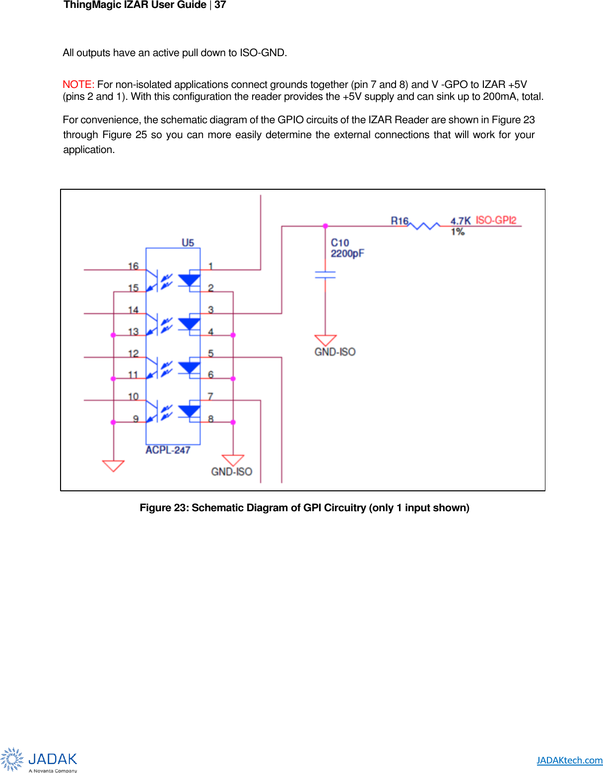 ThingMagic IZAR User Guide | 37       All outputs have an active pull down to ISO-GND.  NOTE: For non-isolated applications connect grounds together (pin 7 and 8) and V -GPO to IZAR +5V (pins 2 and 1). With this configuration the reader provides the +5V supply and can sink up to 200mA, total.  For convenience, the schematic diagram of the GPIO circuits of the IZAR Reader are shown in Figure 23 through Figure 25 so you can more easily determine the external connections that will work for your application.   Figure 23: Schematic Diagram of GPI Circuitry (only 1 input shown) 