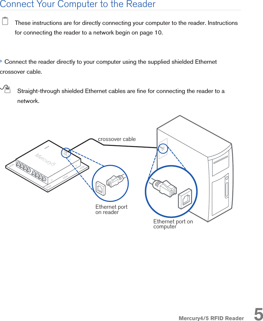 Mercury4/5 RFID Reader 2  These instructions are for directly connecting your computer to the reader. Instructions for connecting the reader to a network begin on page 10.  › Connect the reader directly to your computer using the supplied shielded Ethernet crossover cable.  ;  Straight-through shielded Ethernet cables are ne for connecting the reader to a network.Connect Your Computer to the Reader5@OLPPLSBOñ@&gt;?IB*BO@ROV&quot;QEBOKBQñMLOQñLKñOB&gt;ABO&quot;QEBOKBQñMLOQñLK@LJMRQBO