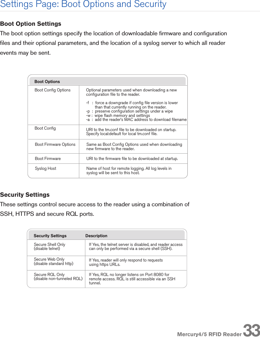 Mercury4/5 RFID ReaderRFID Protocol SettingsUHF Power (dBm)EPC0 Search DepthGen2 Init QUHF Output power in dBm.  This setting must be adjusted carefully to comply with FCC regulations.Maximum number of EPC0 tags to be singulatedon each query.Initial value of Q when a search on a GEN2 target beginsfor the first time.*Gen2 DRM On Radio button sets the reader in and out of Dense Reader Mode when performing Generation 2 searches.*Default RQL Query Initial query to be run continuously when reader starts up.*See EPC Global Generation 2 Specification for further details.EPC1 Tag ID length Radio buttons that enable combined 96- and 64-bit tagsupport or single tag id lengths. If the reader will only bereading 96- or 64-bit tags, select that radio button to optimize read rates.Mercury4 ReaderDescription/Part NumberAddressableRead PointsProtocol SupportClass 1Gen2 Class 0 ISO18000-6BUHF 4-Readpoint TM-M4-NA-02UHF 4-Readpoint RuggedizedTM-M4/W-NA-02UHF 4-ReadpointMonostatic* TM-M4-NA-1144YesYesYesYesYesYesYesYesUHF 8-Readpoint Monostatic*TM-M4-NA-12*Monostatic readers do not support Class 0 tags.48YesYesYesYesNo*No*YesYesPart  Quantity Part NumberMulti-frequency RFID ReaderPower Supply11TM-M4-NA-02TM-M4/W-NA-01TM-M4/W-NA-02TM-M4-PSSecure Shell Only(disable telnet)Secure RQL Only(disable non-tunneled RQL)If Yes, the telnet server is disabled, and reader accesscan only be performed via a secure shell (SSH). If Yes, RQL no longer listens on Port 8080 forremote access. RQL is still accessible via an SSHtunnel.Secure Web Only(disable standard http) If Yes, reader will only respond to requests using https URLs.Security Settings DescriptionBoot OptionsBoot Config OptionsBoot Firmware OptionsBoot FirmwareSame as Boot Config Options used when downloadingnew firmware to the reader.URI to the firmware file to be downloaded at startup.Syslog Host Name of host for remote logging. All log levels insyslog will be sent to this host.Boot Config URI to the tm.conf file to be downloaded on startup.Specify local:default for local tm.conf file.Optional parameters used when downloading a new configuration file to the reader.-f   :  force a downgrade if config file version is lower        than that currently running on the reader.-p  :  preserve configuration settings under a wipe-w :  wipe flash memory and settings-a  :  add the reader’s MAC address to download filenameNetwork Settings: All InterfacesAutomatic HostnameHostnameNTP ServerTurning on automatic hostname will append the last sixnumbers (3 bytes) of the reader’s MAC address to thetext in the hostname field.Name of the readerServer or servers to use for network time protocolDomain NameSecondary DNS ServerDefault GatewayPrimary DNS ServerNetwork domain nameAllow the Mercury4/5 to resolve hostnames to IP addressesRadio button to select the default interface for network communications. Allow the Mercury4/5 to resolve hostnames to IP addressesNetwork Settings: Ethernet InterfaceUse DHCP?Use DHCP Server- supplied hostname?LAN IP AddressIf Yes, the reader will automatically look for its LAN IP,Netmask and Gateway addresses from a DHCP Server.If Yes, the manually supplied hostname (see Hostname)will be overridden by the hostname supplied by theDHCP Server.If Use DHCP? is Yes, the LAN IP, Netmask and Gatewayvalues will be supplied by the DHCP Server. Default ormanually entered addresses will be dimmed out andbypassed. If Use DHCP? is No, you should manuallyenter the LAN IP, Netmask and Gateway settings.Vendor Class Identifier Name to be used by DHCP Server to manage options assigned to clients identified by vendor type and to configure groups of Mercury4/5 readers. LAN GatewayLAN NetmaskThe gateway IP address for the local network, typicallythe IP address of a router.The subnet mask IP address used to determine to whichTCP/IP subnet the reader belongs. Devices in the samesubnet can be communicated with locally without goingthrough a router.RFID Protocol SettingsUHF Power (dBm)EPC0 Search DepthGen2 Init QUHF Output power in dBm.  This setting must be adjusted carefully to comply with FCC regulations.Maximum number of EPC0 tags to be singulatedon each query.Initial value of Q when a search on a GEN2 target beginsfor the first time.*Gen2 DRM On Radio button sets the reader in and out of Dense Reader Mode when performing Generation 2 searches.*Default RQL Query Initial query to be run continuously when reader starts up.*See EPC Global Generation 2 Specification for further details.EPC1 Tag ID length Radio buttons that enable combined 96- and 64-bit tagsupport or single tag id lengths. If the reader will only bereading 96- or 64-bit tags, select that radio button to optimize read rates.Mercury4 ReaderDescription/Part NumberAddressableRead PointsProtocol SupportClass 1Gen2 Class 0 ISO18000-6BUHF 4-Readpoint TM-M4-NA-02UHF 4-Readpoint RuggedizedTM-M4/W-NA-02UHF 4-ReadpointMonostatic* TM-M4-NA-1144YesYesYesYesYesYesYesYesUHF 8-Readpoint Monostatic*TM-M4-NA-12*Monostatic readers do not support Class 0 tags.48YesYesYesYesNo*No*YesYesPart  Quantity Part NumberMulti-frequency RFID ReaderPower Supply11TM-M4-NA-02TM-M4/W-NA-01TM-M4/W-NA-02TM-M4-PSSecure Shell Only(disable telnet)Secure RQL Only(disable non-tunneled RQL)If Yes, the telnet server is disabled, and reader accesscan only be performed via a secure shell (SSH). If Yes, RQL no longer listens on Port 8080 forremote access. RQL is still accessible via an SSHtunnel.Secure Web Only(disable standard http) If Yes, reader will only respond to requests using https URLs.Security Settings DescriptionBoot OptionsBoot Config OptionsBoot Firmware OptionsBoot FirmwareSame as Boot Config Options used when downloadingnew firmware to the reader.URI to the firmware file to be downloaded at startup.Syslog Host Name of host for remote logging. All log levels insyslog will be sent to this host.Boot Config URI to the tm.conf file to be downloaded on startup.Specify local:default for local tm.conf file.Optional parameters used when downloading a new configuration file to the reader.-f   :  force a downgrade if config file version is lower        than that currently running on the reader.-p  :  preserve configuration settings under a wipe-w :  wipe flash memory and settings-a  :  add the reader’s MAC address to download filenameNetwork Settings: All InterfacesAutomatic HostnameHostnameNTP ServerTurning on automatic hostname will append the last sixnumbers (3 bytes) of the reader’s MAC address to thetext in the hostname field.Name of the readerServer or servers to use for network time protocolDomain NameSecondary DNS ServerDefault GatewayPrimary DNS ServerNetwork domain nameAllow the Mercury4/5 to resolve hostnames to IP addressesRadio button to select the default interface for network communications. Allow the Mercury4/5 to resolve hostnames to IP addressesNetwork Settings: Ethernet InterfaceUse DHCP?Use DHCP Server- supplied hostname?LAN IP AddressIf Yes, the reader will automatically look for its LAN IP,Netmask and Gateway addresses from a DHCP Server.If Yes, the manually supplied hostname (see Hostname)will be overridden by the hostname supplied by theDHCP Server.If Use DHCP? is Yes, the LAN IP, Netmask and Gatewayvalues will be supplied by the DHCP Server. Default ormanually entered addresses will be dimmed out andbypassed. If Use DHCP? is No, you should manuallyenter the LAN IP, Netmask and Gateway settings.Vendor Class Identifier Name to be used by DHCP Server to manage options assigned to clients identified by vendor type and to configure groups of Mercury4/5 readers. LAN GatewayLAN NetmaskThe gateway IP address for the local network, typicallythe IP address of a router.The subnet mask IP address used to determine to whichTCP/IP subnet the reader belongs. Devices in the samesubnet can be communicated with locally without goingthrough a router.Boot Option SettingsThe boot option settings specify the location of downloadable rmware and conguration les and their optional parameters, and the location of a syslog server to which all reader events may be sent.Security SettingsThese settings control secure access to the reader using a combination of SSH, HTTPS and secure RQL ports. Settings Page: Boot Options and Security33