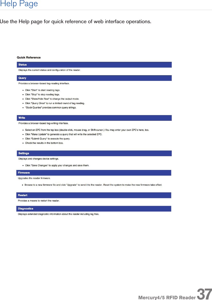 Mercury4/5 RFID ReaderUse the Help page for quick reference of web interface operations.Help Page37