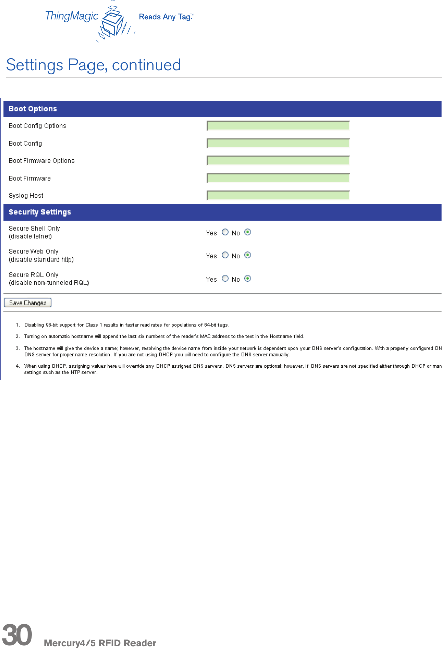 Mercury4/5 RFID Reader30Settings Page, continued