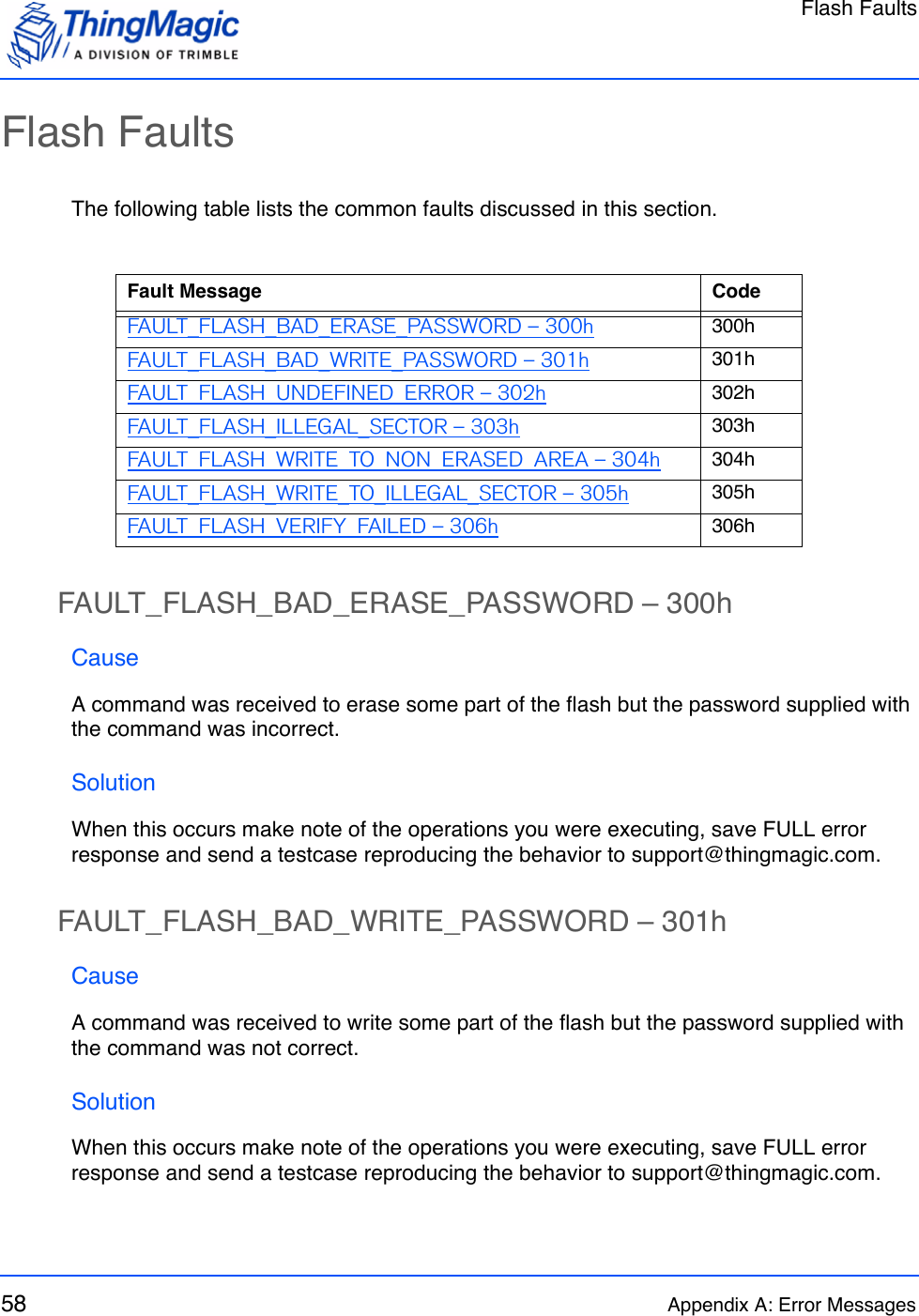 Flash Faults58 Appendix A: Error MessagesFlash FaultsThe following table lists the common faults discussed in this section.FAULT_FLASH_BAD_ERASE_PASSWORD – 300hCauseA command was received to erase some part of the flash but the password supplied with the command was incorrect.SolutionWhen this occurs make note of the operations you were executing, save FULL error response and send a testcase reproducing the behavior to support@thingmagic.com.FAULT_FLASH_BAD_WRITE_PASSWORD – 301hCauseA command was received to write some part of the flash but the password supplied with the command was not correct.SolutionWhen this occurs make note of the operations you were executing, save FULL error response and send a testcase reproducing the behavior to support@thingmagic.com.Fault Message CodeFAULT_FLASH_BAD_ERASE_PASSWORD – 300h 300hFAULT_FLASH_BAD_WRITE_PASSWORD – 301h 301hFAULT_FLASH_UNDEFINED_ERROR – 302h 302hFAULT_FLASH_ILLEGAL_SECTOR – 303h 303hFAULT_FLASH_WRITE_TO_NON_ERASED_AREA – 304h 304hFAULT_FLASH_WRITE_TO_ILLEGAL_SECTOR – 305h 305hFAULT_FLASH_VERIFY_FAILED – 306h 306h