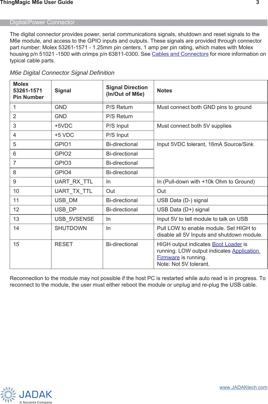 ThingMagic M6e User Guide 3www.JADAKtech.comDigital/Power ConnectorThe digital connector provides power, serial communications signals, shutdown and reset signals to the M6e module, and access to the GPIO inputs and outputs. These signals are provided through connector part number: Molex 53261-1571 - 1.25mm pin centers, 1 amp per pin rating, which mates with Molex housing p/n 51021 -1500 with crimps p/n 63811-0300. See Cables and Connectors for more information on typical cable parts. Reconnection to the module may not possible if the host PC is restarted while auto read is in progress. To reconnect to the module, the user must either reboot the module or unplug and re-plug the USB cable.M6e Digital Connector Signal DefinitionMolex 53261-1571 Pin NumberSignal Signal Direction (In/Out of M6e) Notes1 GND P/S Return Must connect both GND pins to ground2 GND P/S Return3 +5VDC P/S Input Must connect both 5V supplies4 +5 VDC P/S Input5 GPIO1 Bi-directional Input 5VDC tolerant, 16mA Source/Sink6 GPIO2 Bi-directional7 GPIO3 Bi-directional8 GPIO4 Bi-directional9 UART_RX_TTL In In (Pull-down with +10k Ohm to Ground)10 UART_TX_TTL Out Out11 USB_DM Bi-directional USB Data (D-) signal12 USB_DP Bi-directional USB Data (D+) signal13 USB_5VSENSE In Input 5V to tell module to talk on USB14 SHUTDOWN In Pull LOW to enable module. Set HIGH to disable all 5V Inputs and shutdown module.15 RESET Bi-directional HIGH output indicates Boot Loader is running. LOW output indicates Application Firmware is running.Note: Not 5V tolerant.