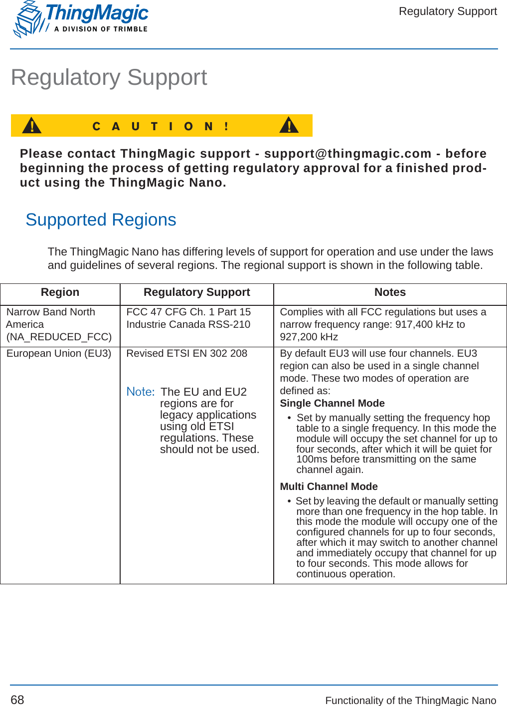 Regulatory SupportA DIVISION OF TRIMBLE68 Functionality of the ThingMagic NanoRegulatory SupportCAUTION!!!Please contact ThingMagic support - support@thingmagic.com - beforebeginning the process of getting regulatory approval for a finished prod-uct using the ThingMagic Nano.Supported RegionsThe ThingMagic Nano has differing levels of support for operation and use under the laws and guidelines of several regions. The regional support is shown in the following table.Region Regulatory Support NotesNarrow Band North America(NA_REDUCED_FCC)FCC 47 CFG Ch. 1 Part 15Industrie Canada RSS-210 Complies with all FCC regulations but uses a narrow frequency range: 917,400 kHz to 927,200 kHzEuropean Union (EU3) Revised ETSI EN 302 208Note:  The EU and EU2 regions are for legacy applications using old ETSI regulations. These should not be used.By default EU3 will use four channels. EU3 region can also be used in a single channel mode. These two modes of operation are defined as:Single Channel Mode•  Set by manually setting the frequency hop table to a single frequency. In this mode the module will occupy the set channel for up to four seconds, after which it will be quiet for 100ms before transmitting on the same channel again.Multi Channel Mode•  Set by leaving the default or manually setting more than one frequency in the hop table. In this mode the module will occupy one of the configured channels for up to four seconds, after which it may switch to another channel and immediately occupy that channel for up to four seconds. This mode allows for continuous operation.