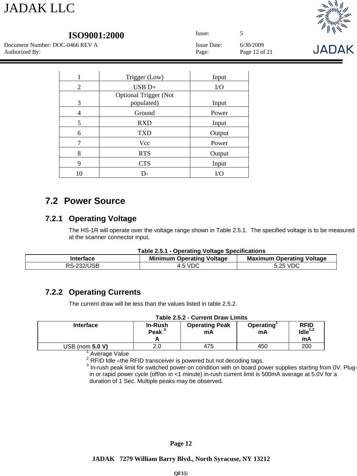 JADAK LLC   ISO9001:2000  Issue: 5 Document Number: DOC-0466 REV A  Issue Date:  6/30/2009 Authorized By:  Page:  Page 12 of 21       Page 12   JADAK   7279 William Barry Blvd., North Syracuse, NY 13212  QF15/ 1 Trigger (Low)  Input 2 USB D+  I/O 3  Optional Trigger (Not populated) Input 4 Ground  Power 5 RXD  Input 6 TXD  Output 7 Vcc  Power 8 RTS  Output 9 CTS  Input 10 D-  I/O   7.2 Power Source 7.2.1 Operating Voltage The HS-1R will operate over the voltage range shown in Table 2.5.1.  The specified voltage is to be measured at the scanner connector input.  Table 2.5.1 - Operating Voltage Specifications Interface  Minimum Operating Voltage  Maximum Operating Voltage RS-232/USB  4.5 VDC  5.25 VDC   7.2.2 Operating Currents The current draw will be less than the values listed in table 2.5.2.  Table 2.5.2 - Current Draw Limits Interface In-Rush Peak 3 A  Operating Peak  mA  Operating1  mA  RFID Idle1,2 mA USB (nom 5.0 V) 2.0 475  450 200 1 Average Value 2 RFID Idle –the RFID transceiver is powered but not decoding tags. 3 In-rush peak limit for switched power-on condition with on board power supplies starting from 0V. Plug-in or rapid power cycle (off/on in &lt;1 minute) in-rush current limit is 500mA average at 5.0V for a duration of 1 Sec. Multiple peaks may be observed.  