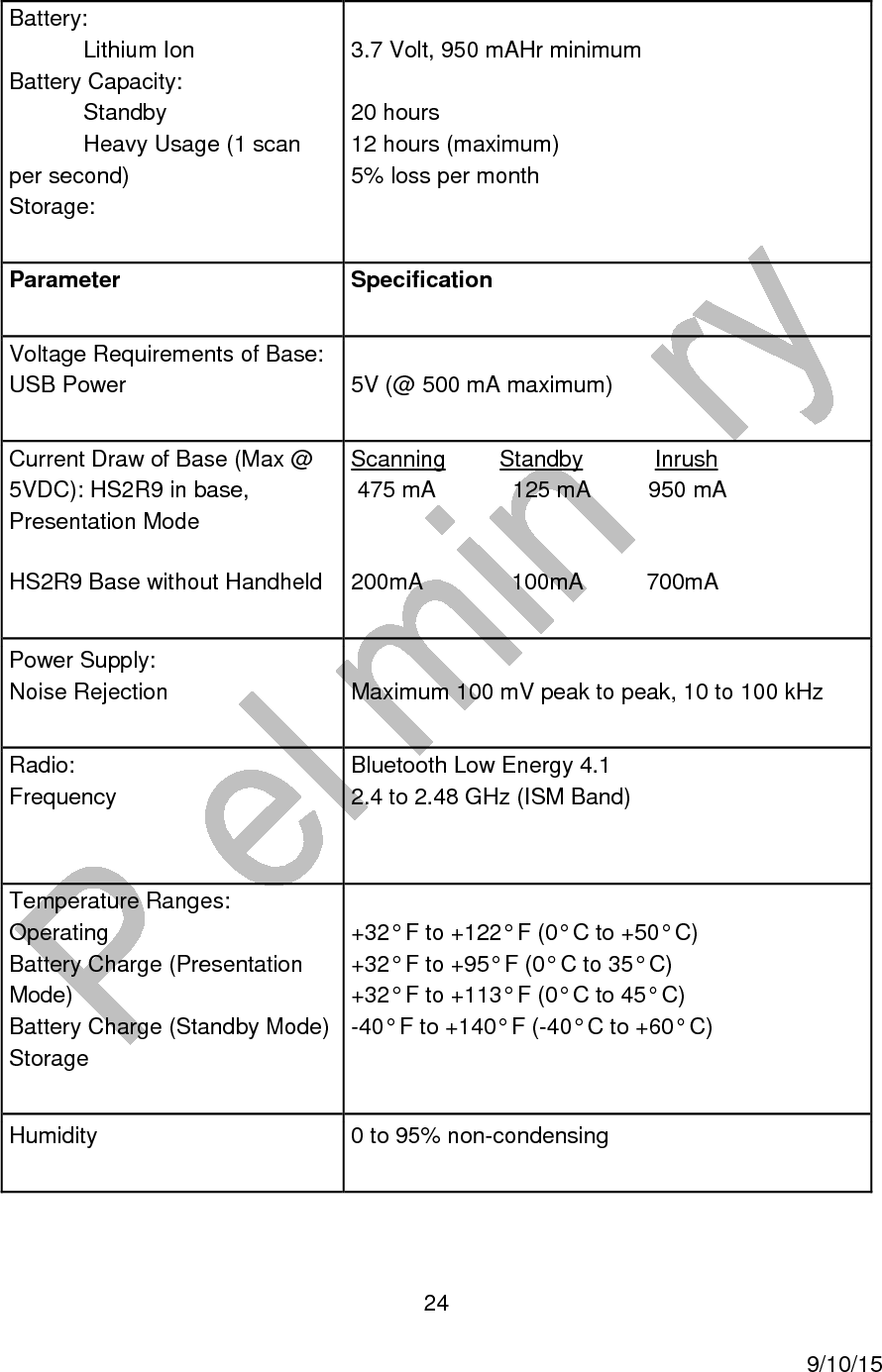  24     9/10/15 Battery:   Lithium Ion Battery Capacity:   Standby   Heavy Usage (1 scan per second) Storage:  3.7 Volt, 950 mAHr minimum  20 hours 12 hours (maximum) 5% loss per month Parameter Specification Voltage Requirements of Base: USB Power  5V (@ 500 mA maximum) Current Draw of Base (Max @ 5VDC): HS2R9 in base, Presentation Mode HS2R9 Base without Handheld Scanning  Standby   Inrush   475 mA    125 mA  950 mA  200mA              100mA          700mA Power Supply: Noise Rejection  Maximum 100 mV peak to peak, 10 to 100 kHz Radio: Frequency  Bluetooth Low Energy 4.1 2.4 to 2.48 GHz (ISM Band)  Temperature Ranges: Operating Battery Charge (Presentation Mode) Battery Charge (Standby Mode) Storage  +32&deg; F to +122&deg; F (0&deg; C to +50&deg; C) +32&deg; F to +95&deg; F (0&deg; C to 35&deg; C) +32&deg; F to +113&deg; F (0&deg; C to 45&deg; C) -40&deg; F to +140&deg; F (-40&deg; C to +60&deg; C) Humidity  0 to 95% non-condensing 