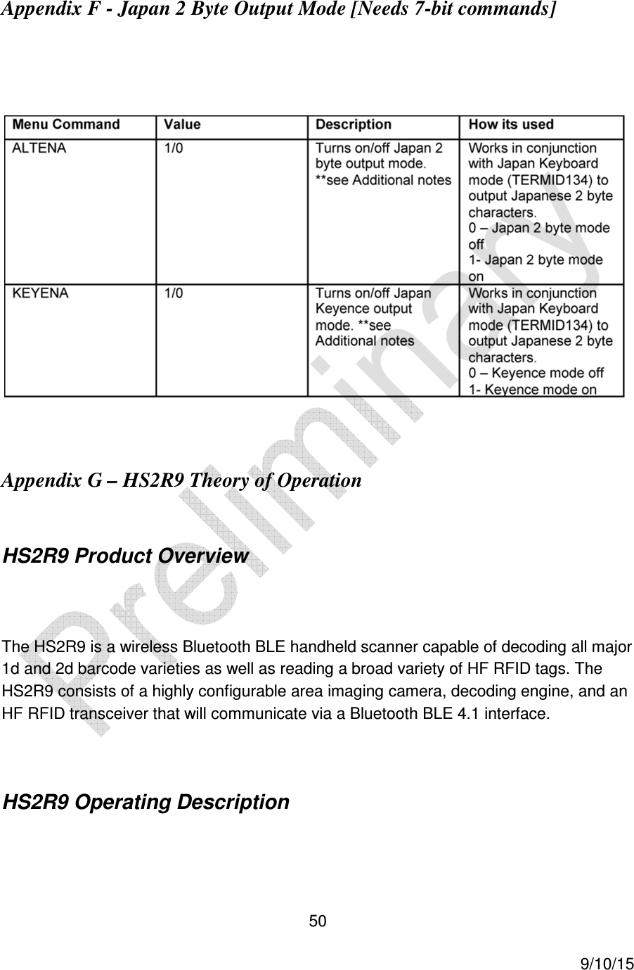  50     9/10/15 Appendix F - Japan 2 Byte Output Mode [Needs 7-bit commands]     Appendix G &ndash; HS2R9 Theory of Operation  HS2R9 Product Overview  The HS2R9 is a wireless Bluetooth BLE handheld scanner capable of decoding all major 1d and 2d barcode varieties as well as reading a broad variety of HF RFID tags. The HS2R9 consists of a highly configurable area imaging camera, decoding engine, and an HF RFID transceiver that will communicate via a Bluetooth BLE 4.1 interface.  HS2R9 Operating Description  